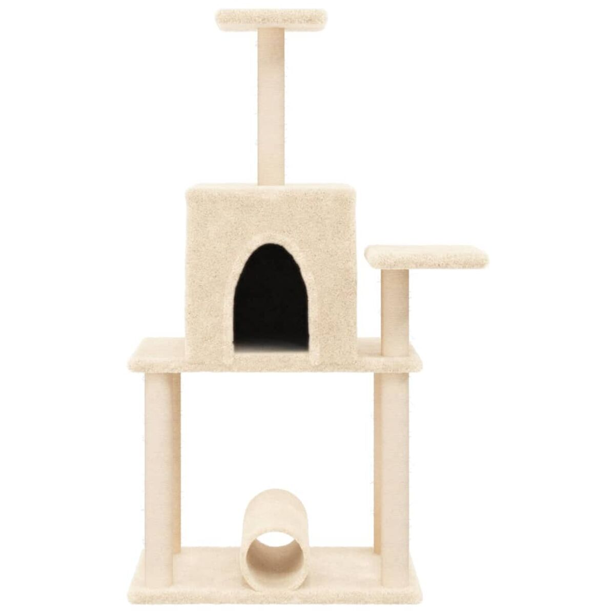 Beiger Katzenbaum mit mehreren Ebenen. Es hat ein Haus, Plattformen, einen Tunnel und Pfosten.