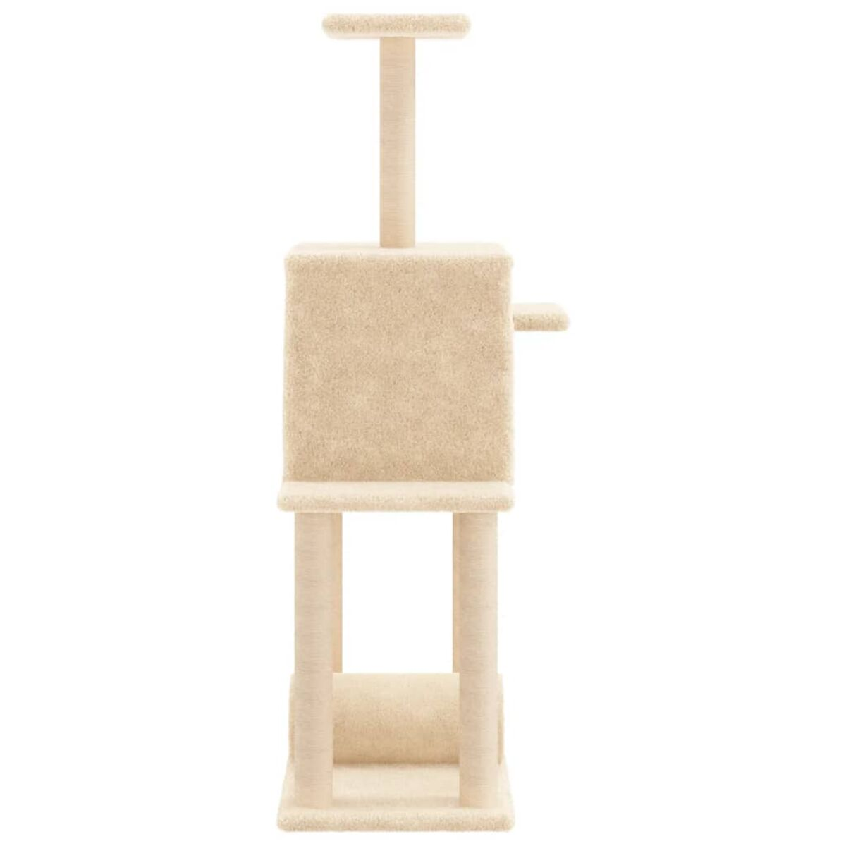 Beiger Katzenbaum mit hohem, mit Teppich ausgekleidetem Kratzbaum, mehreren Plattformen und einem oberen Sitzplatz.