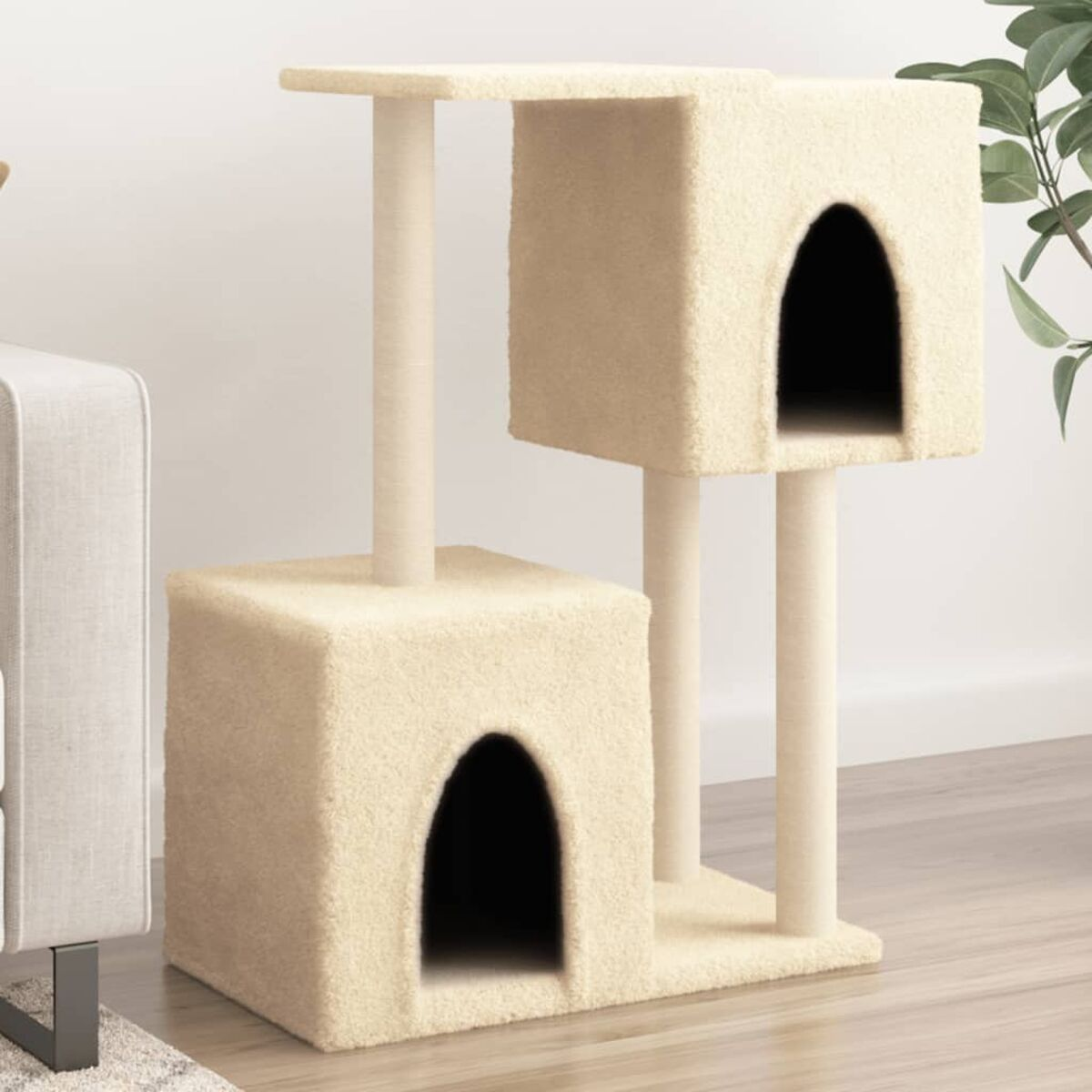 Beiger Katzenbaum mit zwei Häusern und mehreren Plattformen.