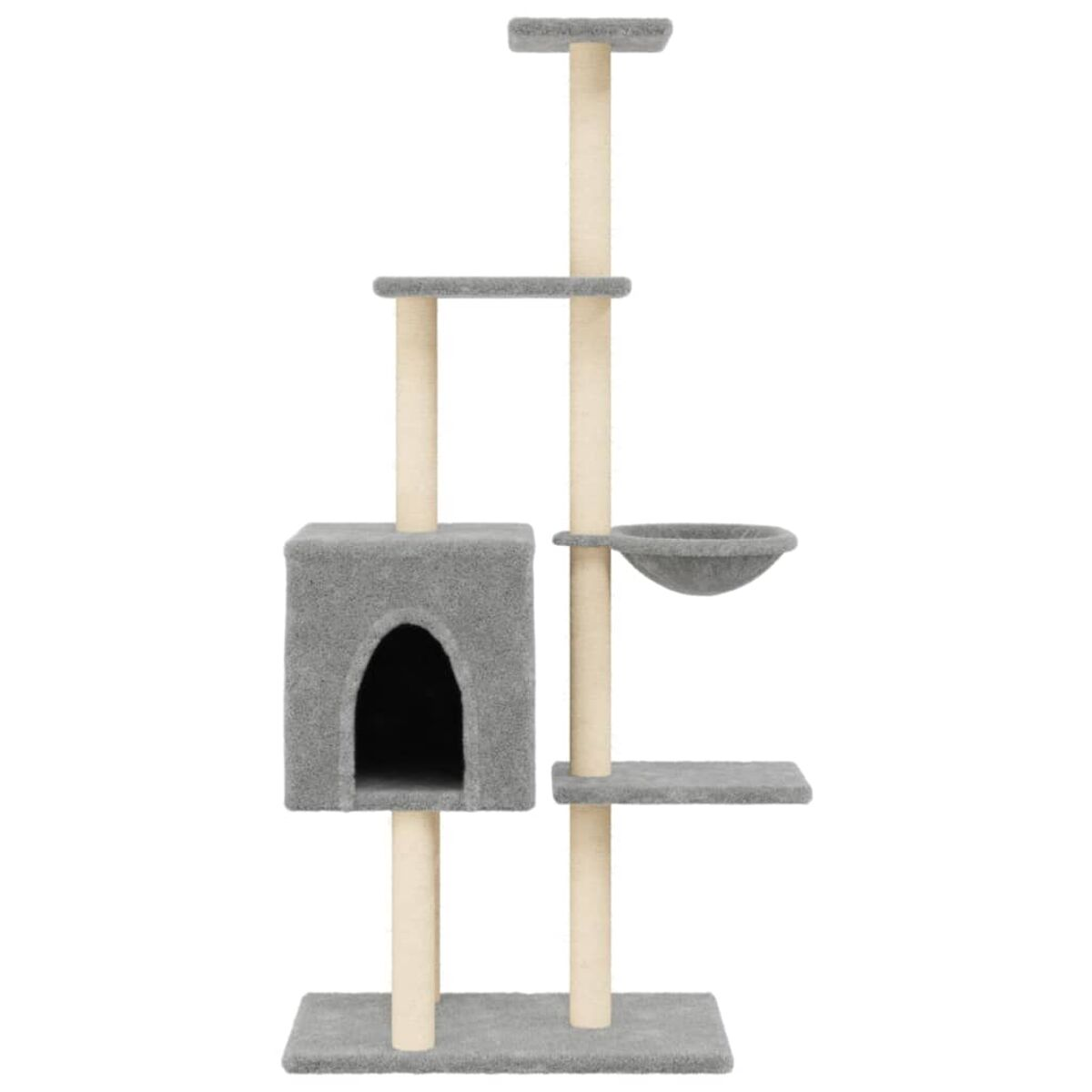 Hoher grauer Katzenbaum mit Plattformen, Kratzbäumen und einem Katzenhaus.