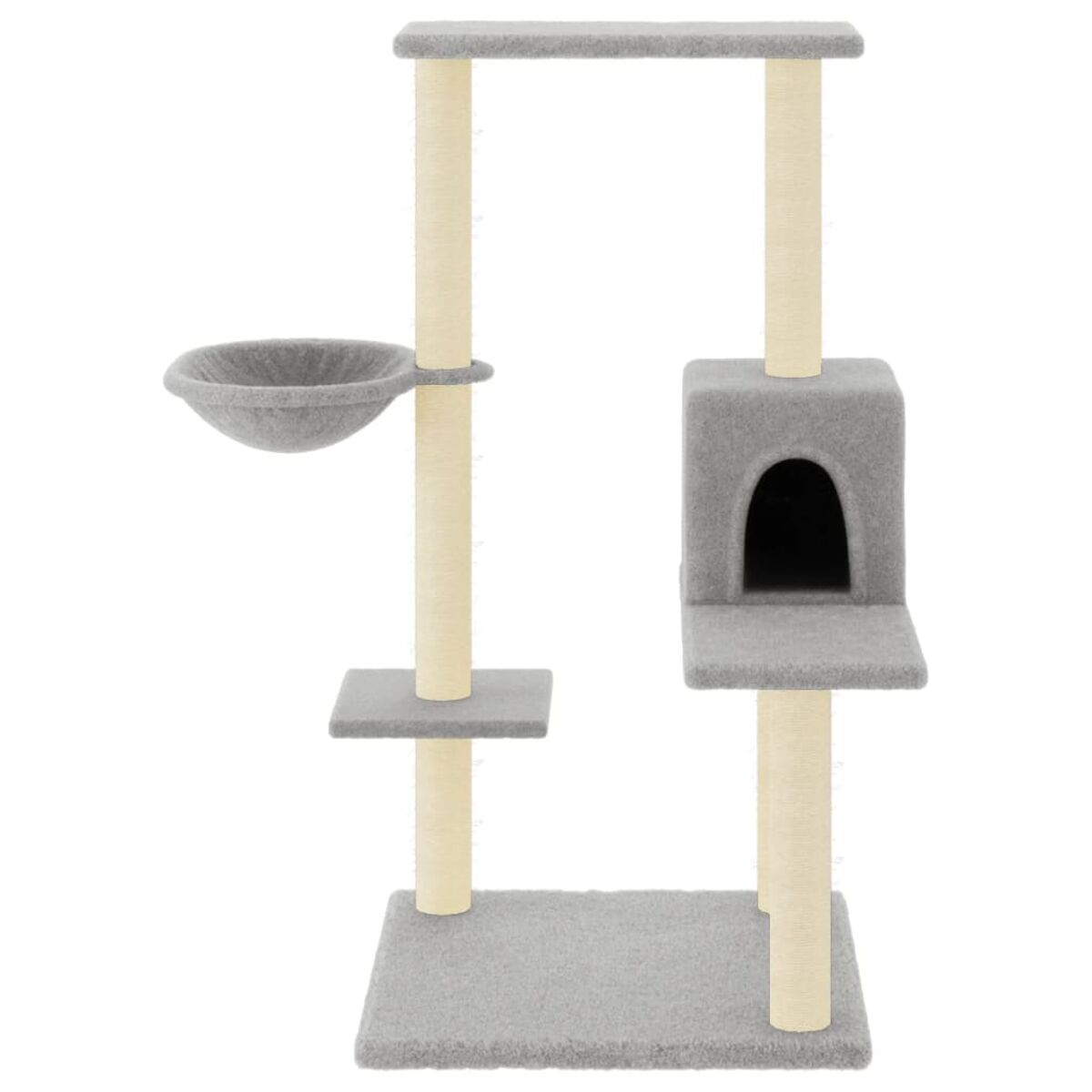 Grauer Kratzbaum mit mehreren Ebenen, einem Katzenhaus, einer Schüssel und Plattformen.
