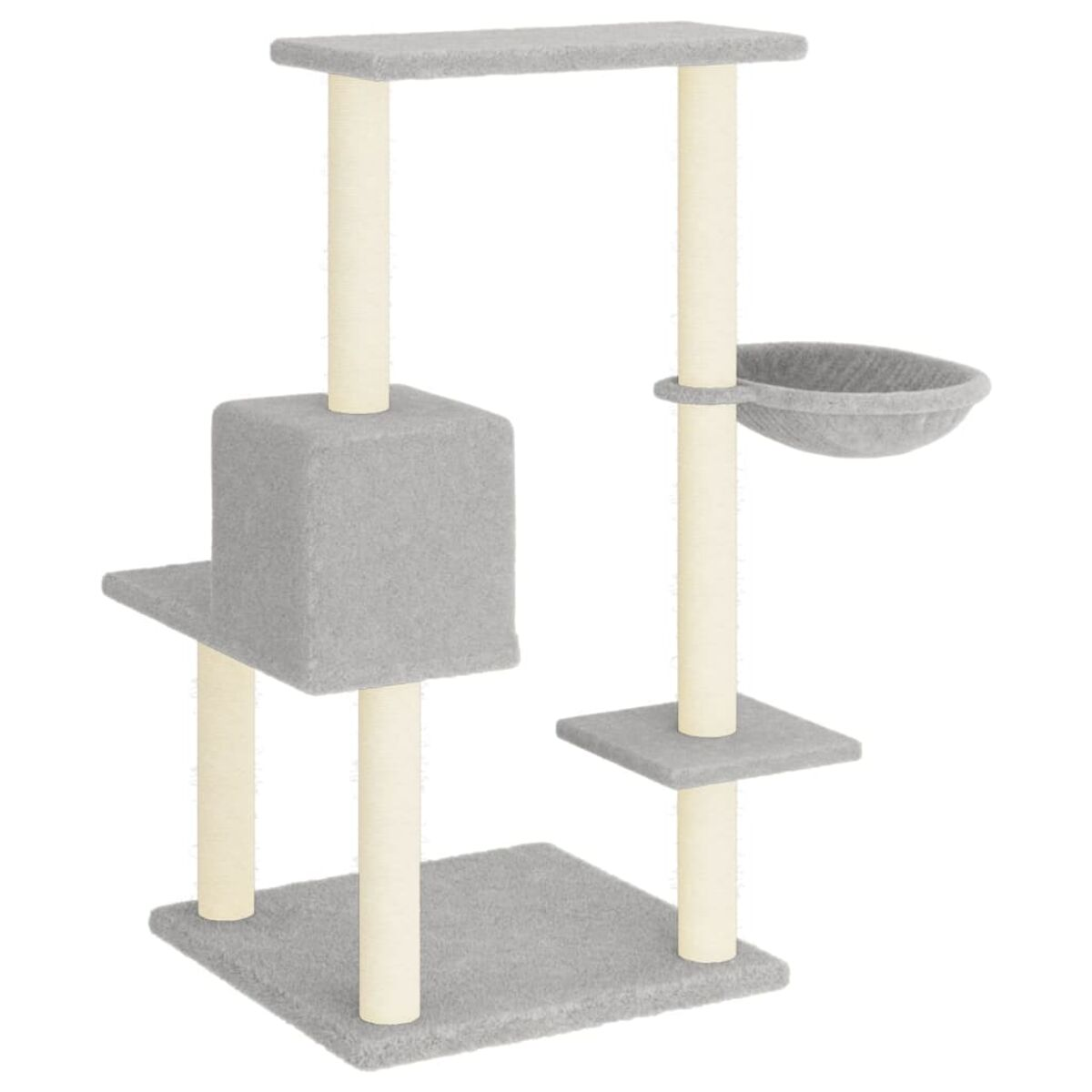 Grauer Katzenbaum mit mehreren Plattformen, einem Würfel und einem Hängemattenbett. Beige Pfosten stützen.