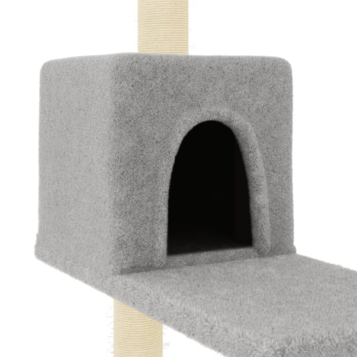 Katzenmöbelteil. Grauer Würfel mit Eingang und Rampe, beiger Pfosten. Nahaufnahme.