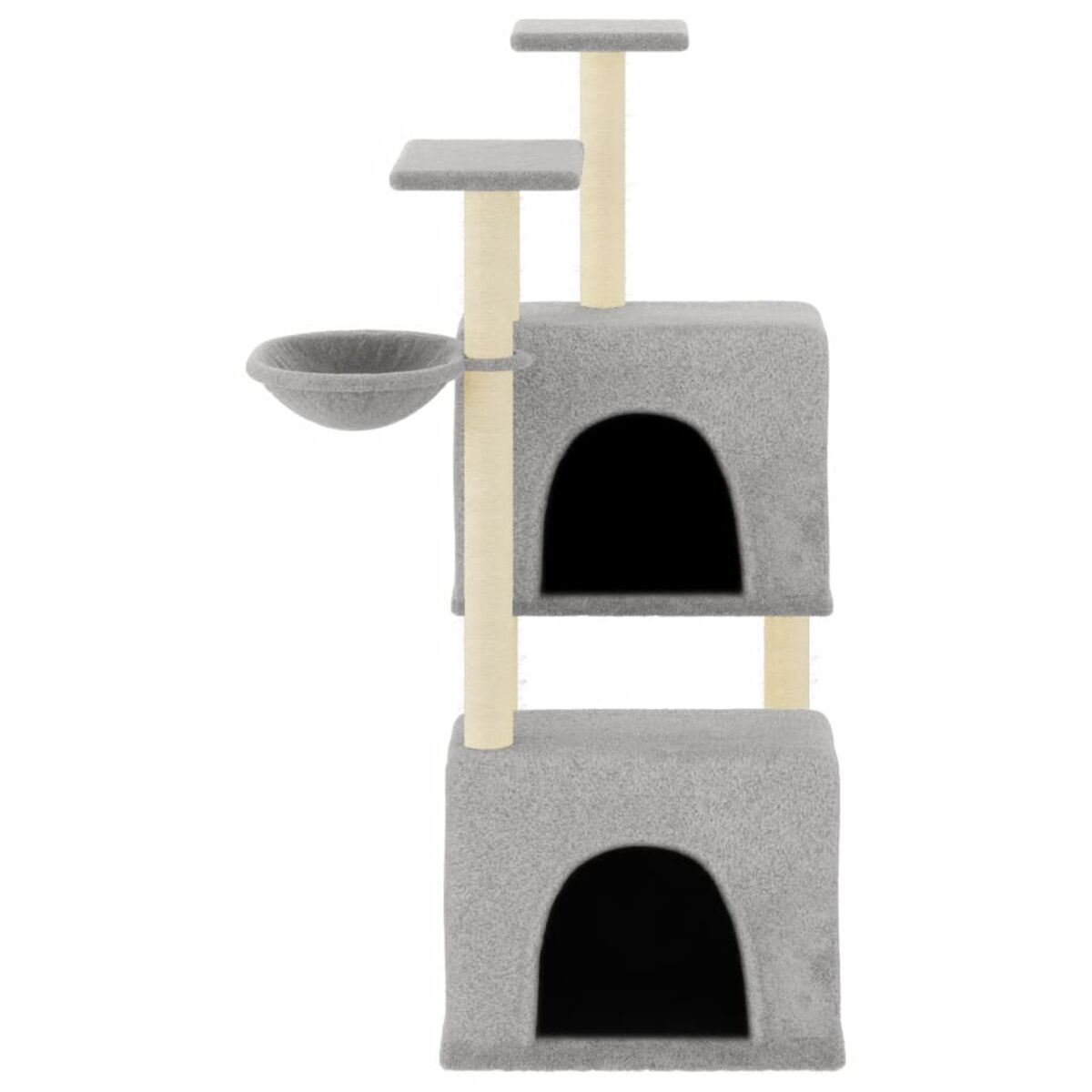 Grauer Katzenbaum mit mehreren Plattformen und einem runden Bett. Es gibt mehrere Pfosten.