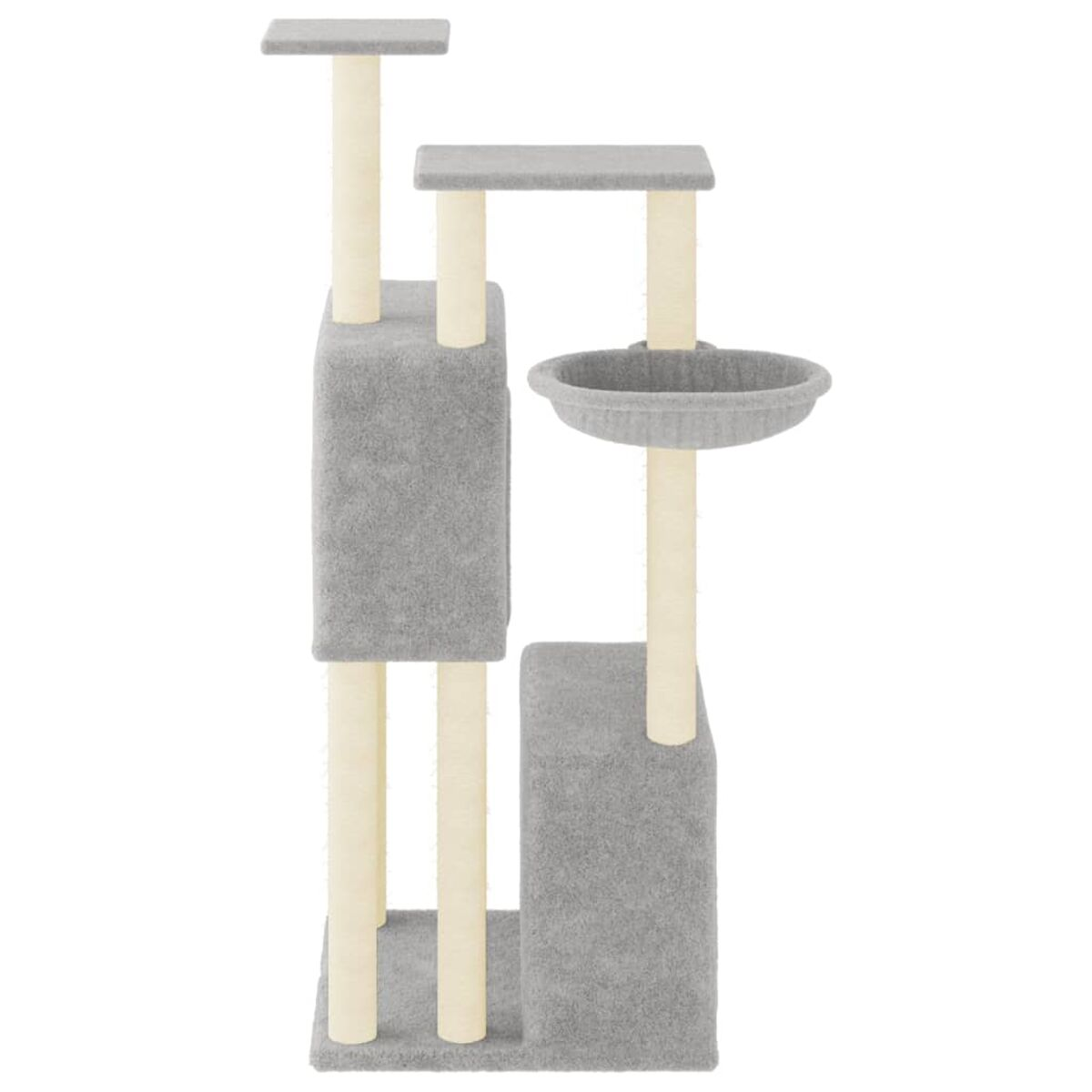 Grauer Katzenbaum mit mehreren Ebenen, einer Bettschale und Kratzbäumen. Beige Pfosten.