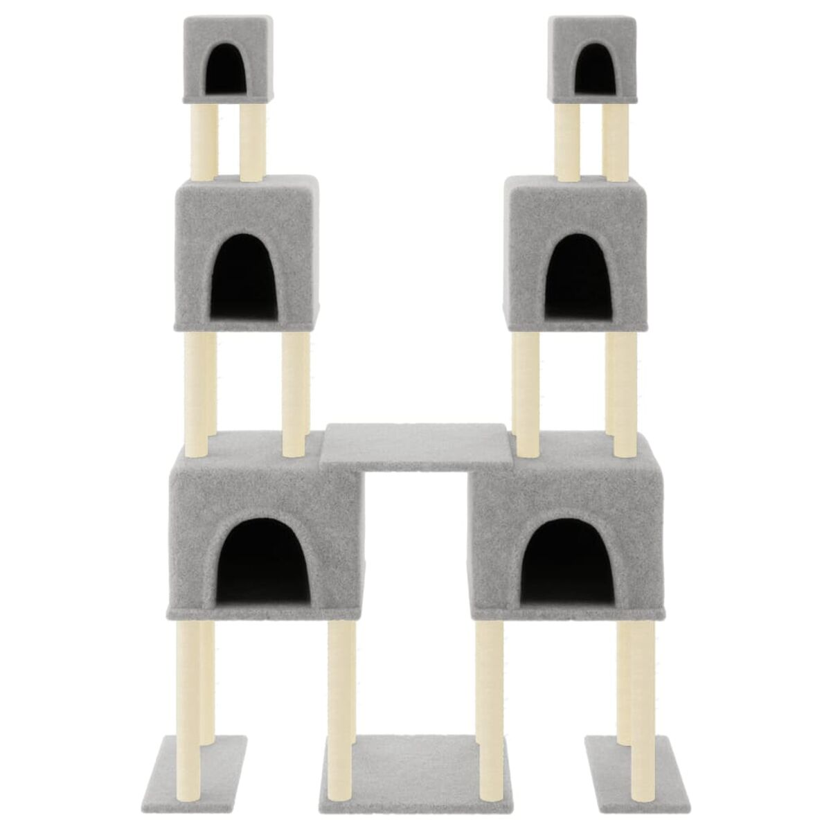 Grauer Katzenbaum mit mehreren Ebenen und Löchern. Beige Pfosten.