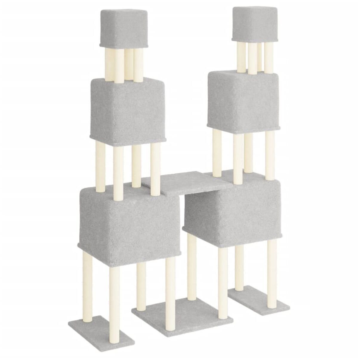 Grauer Katzenbaum mit mehreren Plattformen, Würfeln und Brücke. Beige Stützpfosten. Weißer Hintergrund.