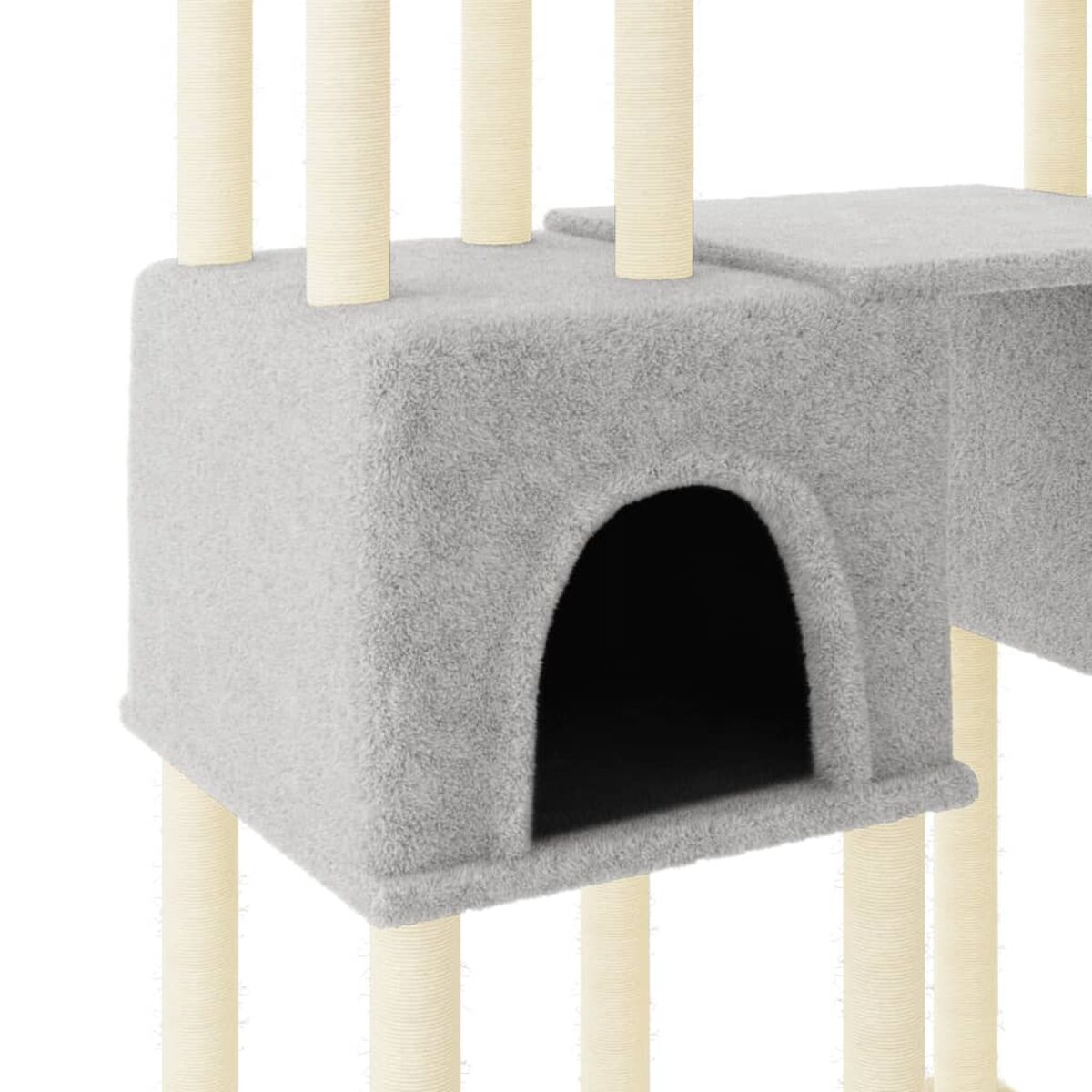 Grauer Katzenbaum. Grauer Katzenbaum mit Haus, Pfosten und oberer Plattform.