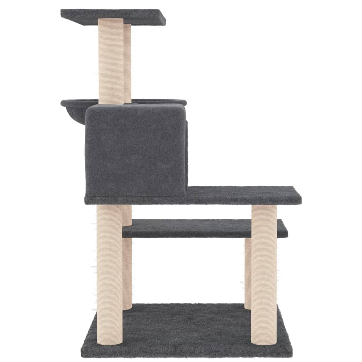 Katzenbaum Seitenansicht. Es hat mehrere Plattformen und Kratzbäume. Dunkelgraue Farbe.