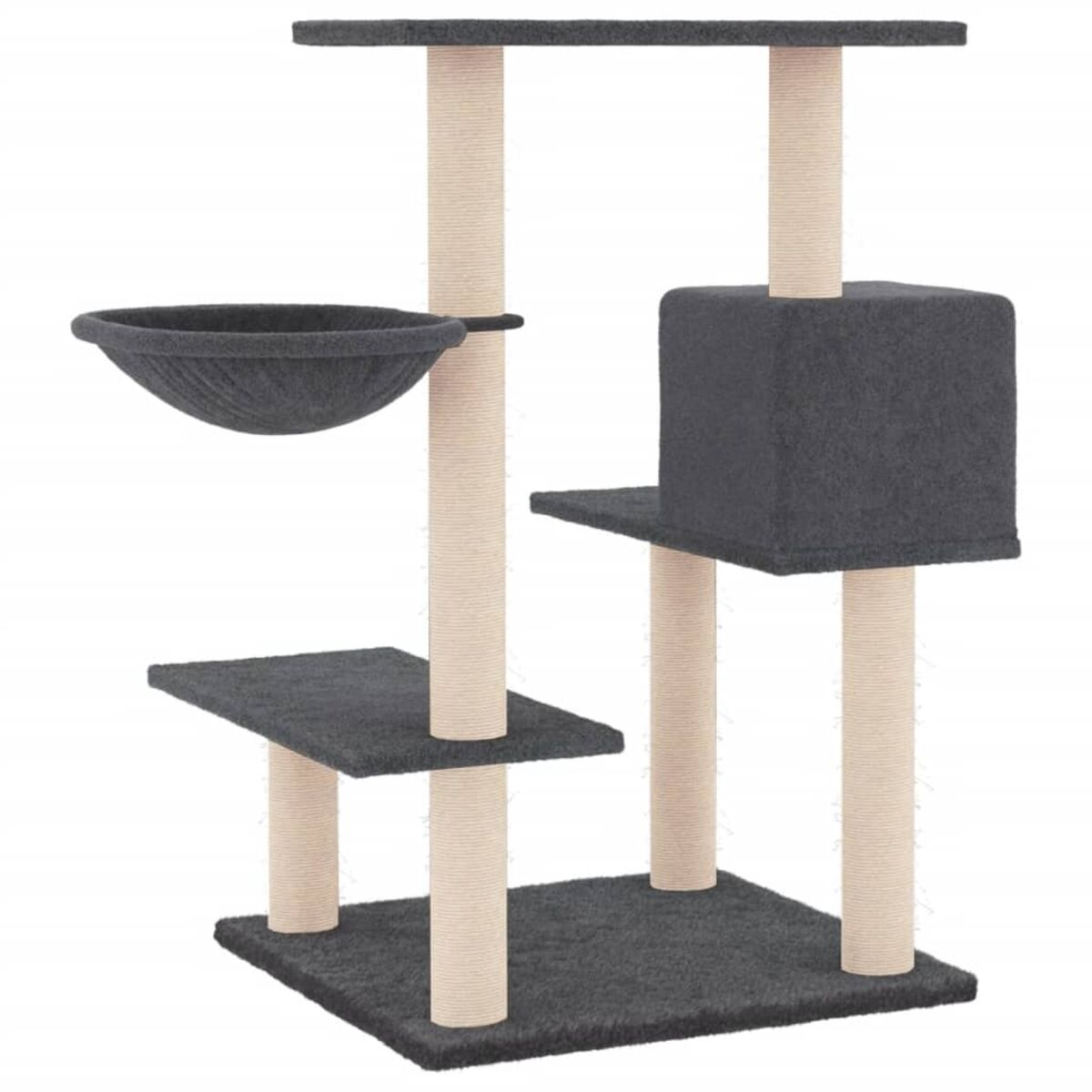 Katzenbaum. Mehrere Ebenen mit Kratzbäumen, einer Hängematte und einer kastenförmigen Struktur. Beige und grau.