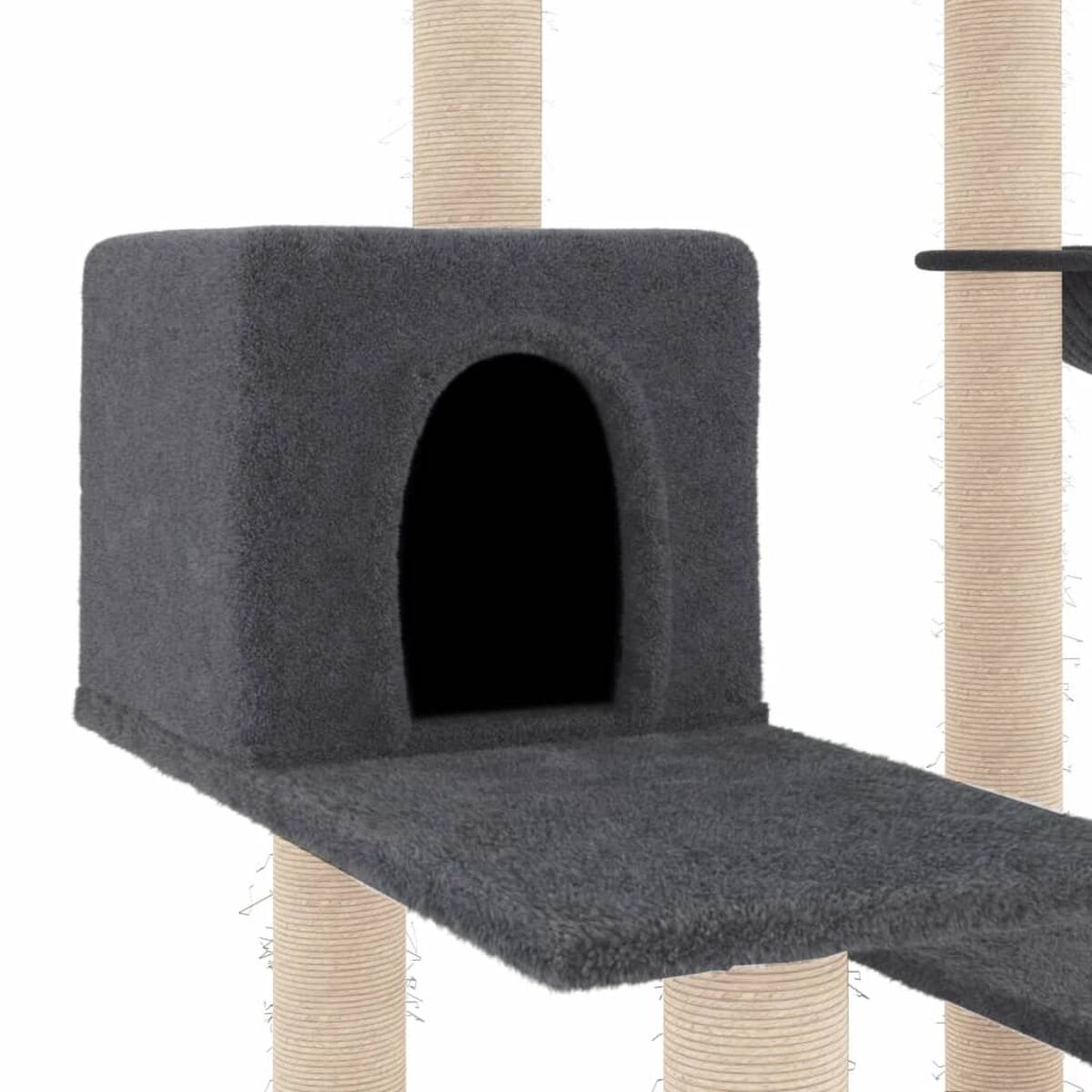 Katzenbaum mit grauem Höhlenhaus und mehreren Kratzpfosten.