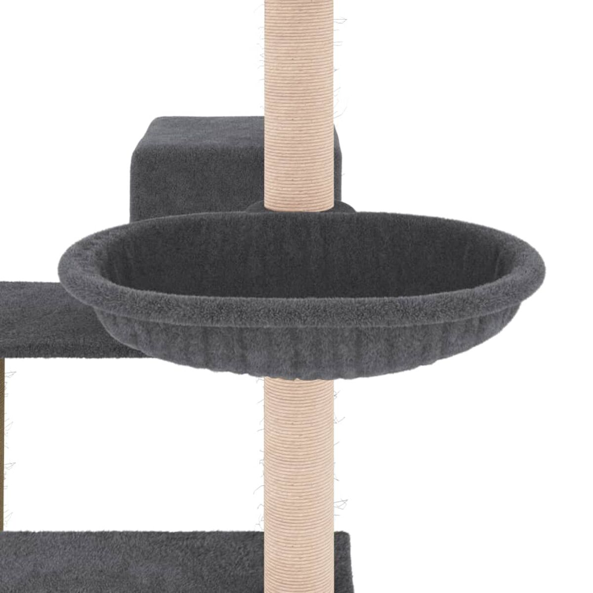 Katzenbaum mit grauem Bett. Es befindet sich über einer Holzsäule.