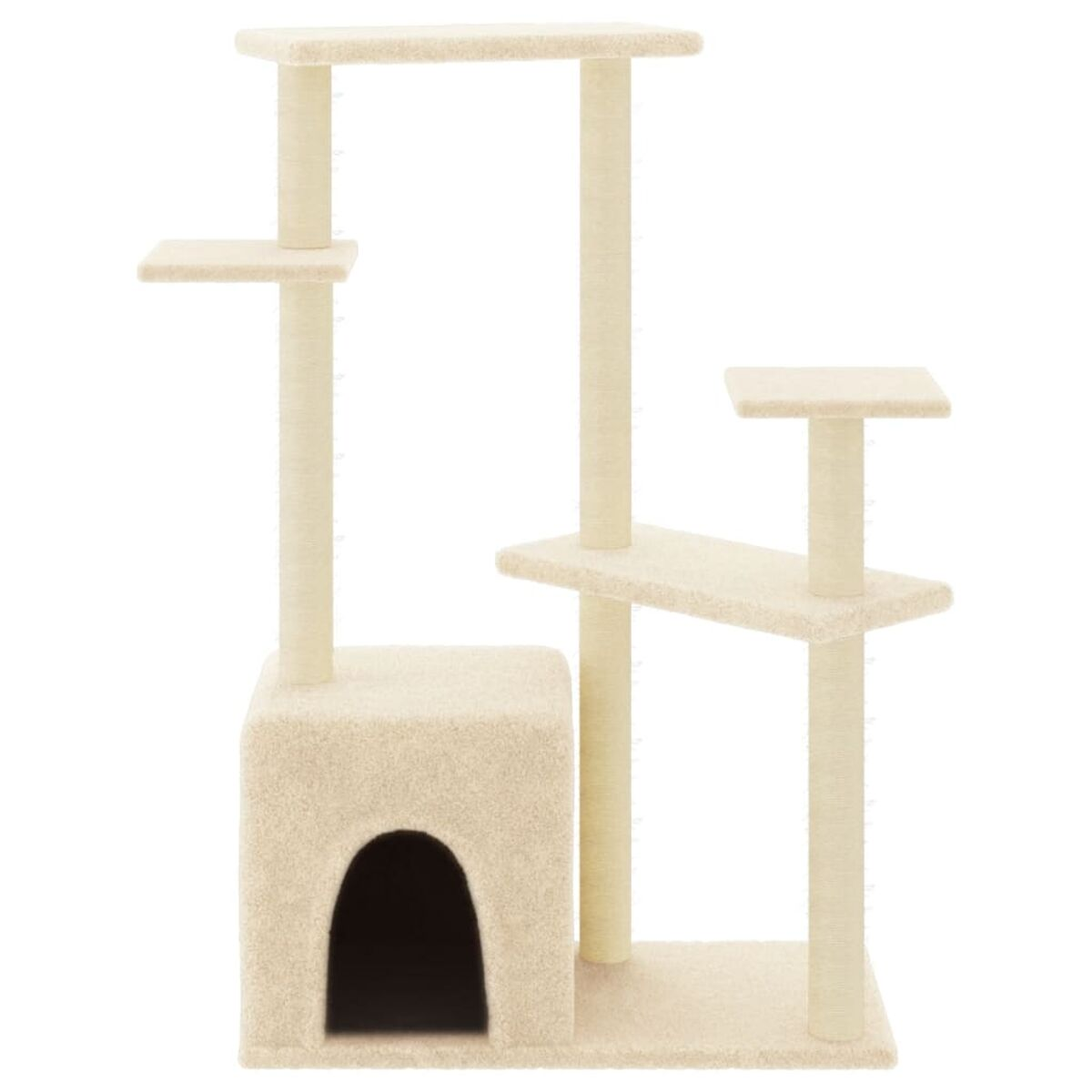 Beigefarbener Katzenbaum mit mehreren Ebenen. Er hat eine Höhle, Plattformen und Kratzbäume.