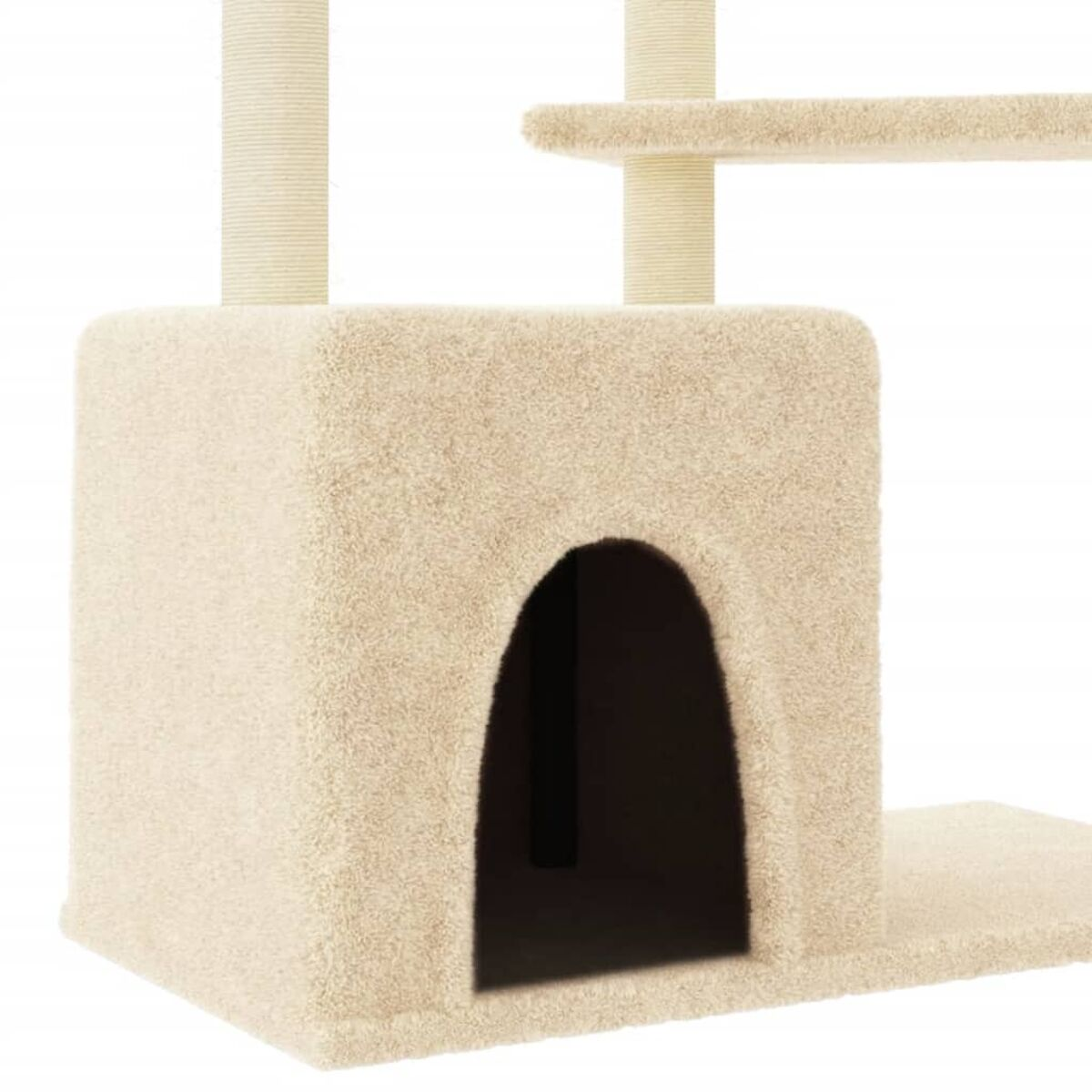 Nahaufnahme eines Katzenbaums mit beigen Oberflächen, Bögen und Kratzbäumen.