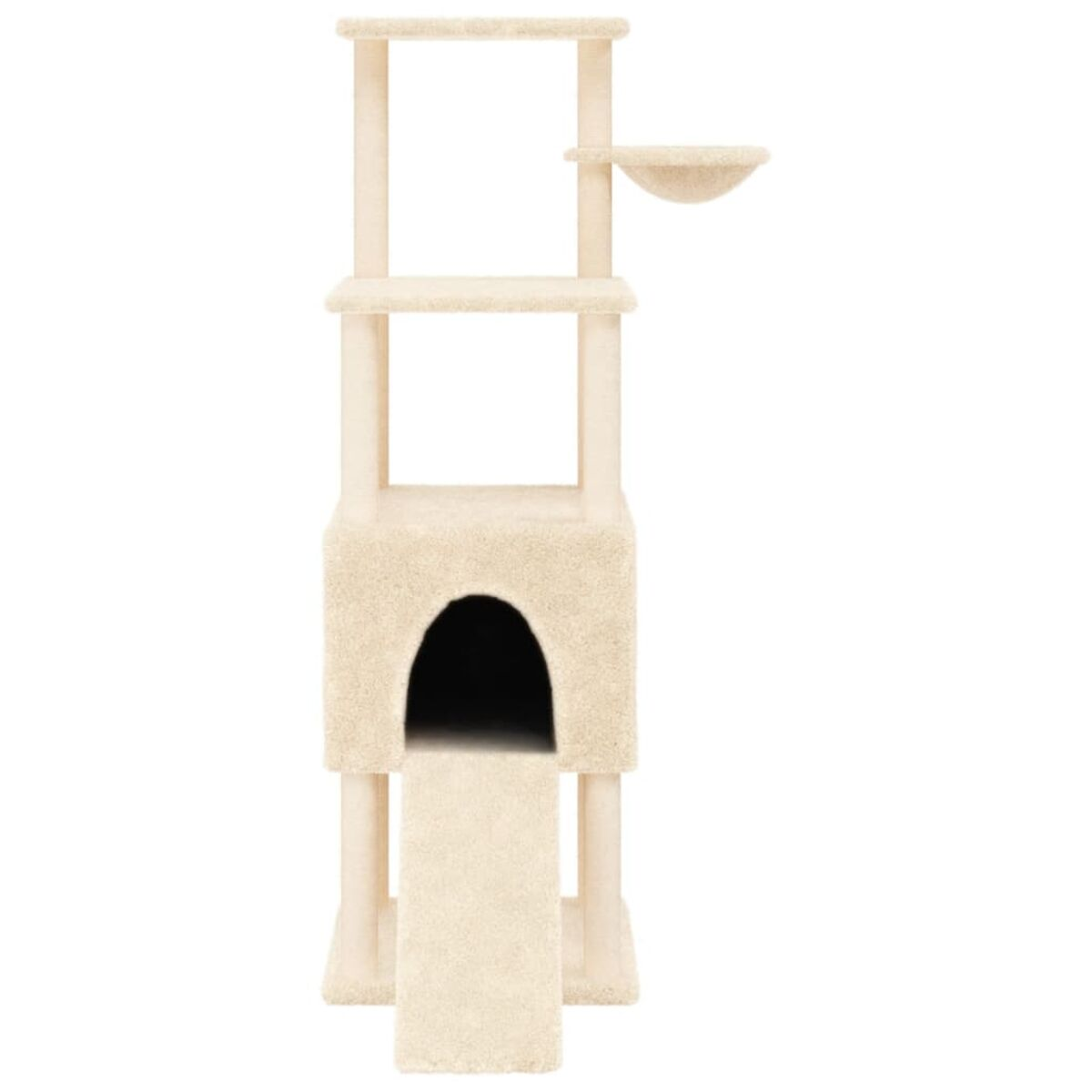 Beiger Katzenbaum mit mehreren Ebenen, Höhle und schalenförmiger Plattform für die Katze.