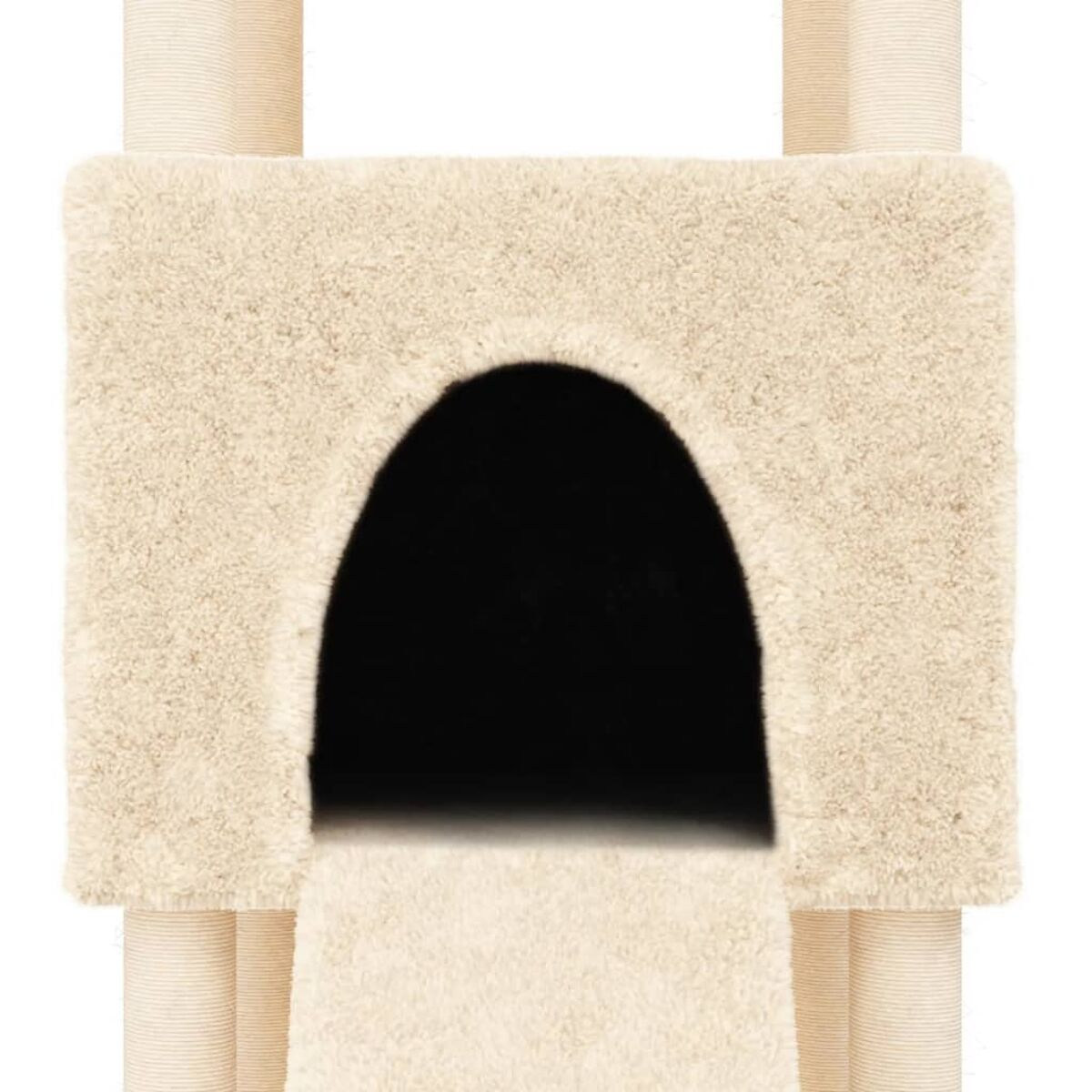 Eine Katzenbaumhöhle mit schwarzem Eingang. Die Höhle ist beige und grau.