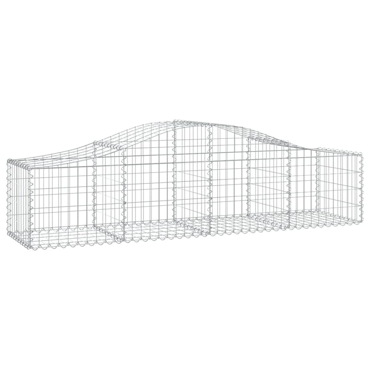 Ein Drahtmodell eines Gabion. Lange rechteckige Form mit welligem Oberteil, auf weißem Hintergrund.