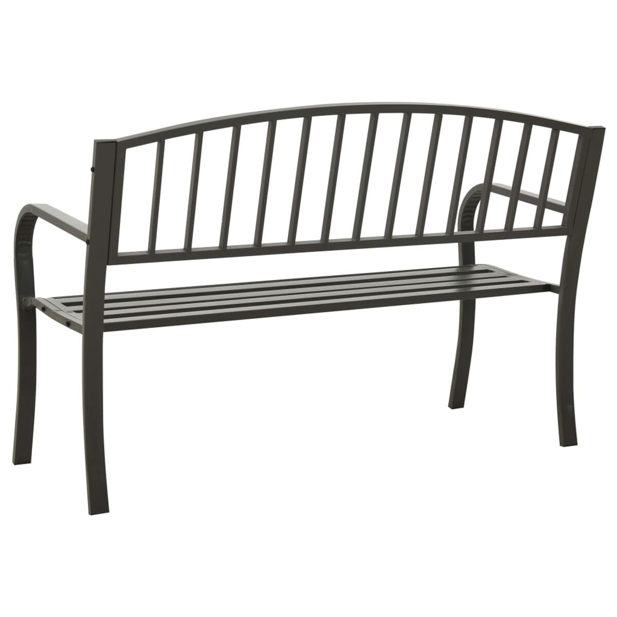 Eine schwarze Metall-Outdoor-Bank mit Sitzfläche und geschwungener Rückenlehne.