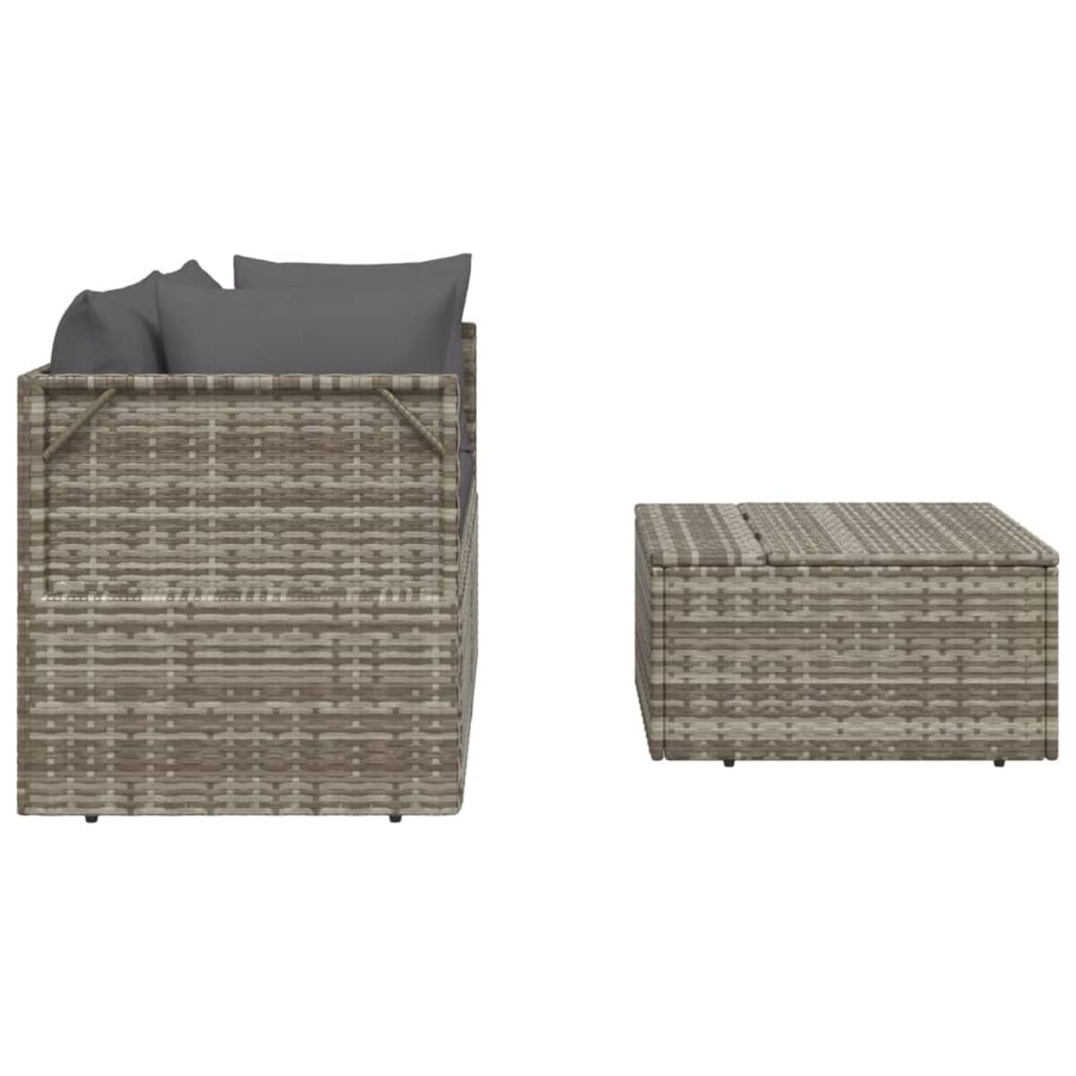 Ein graues Outdoor-Ecksofa mit passender Aufbewahrungsbox auf weißem Hintergrund.