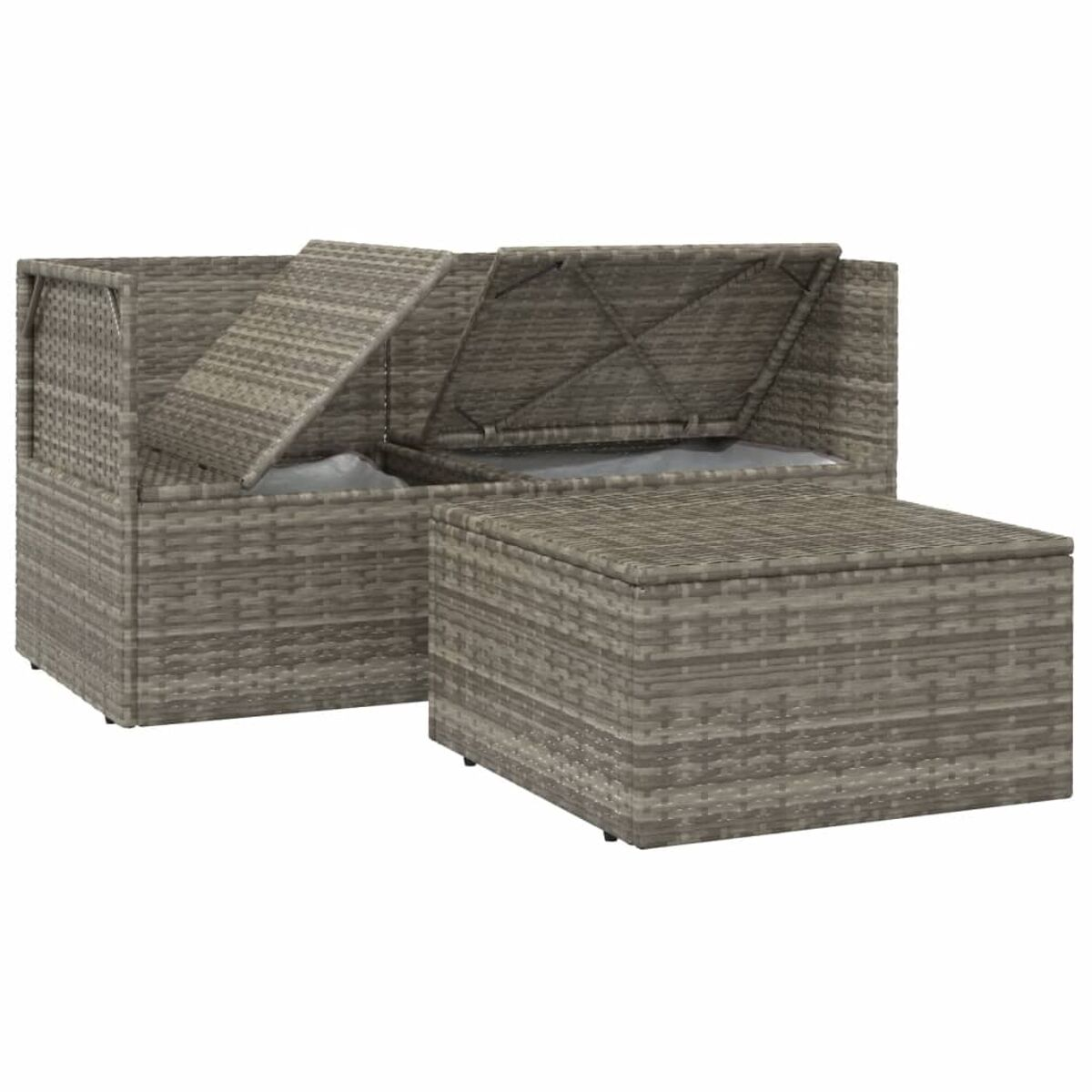 Graues Outdoor-Aufbewahrungsset aus Korbgeflecht, mit Sofa und passendem Hocker, beide offen.
