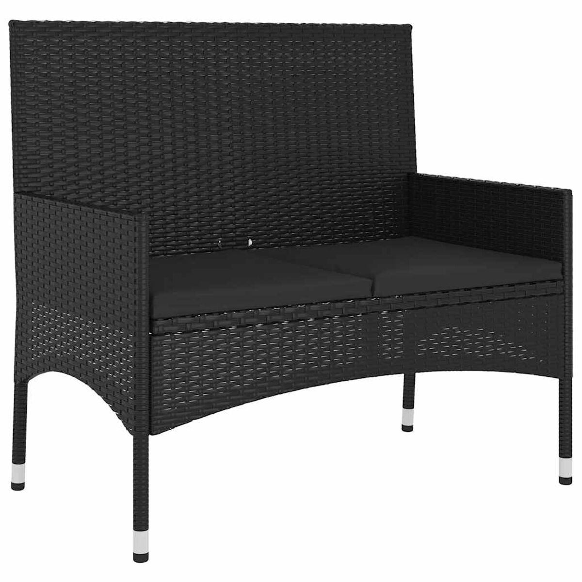 Schwarze Rattan-Outdoor-Loveseat mit zwei Kissen und kleinen weißen Füßen.
