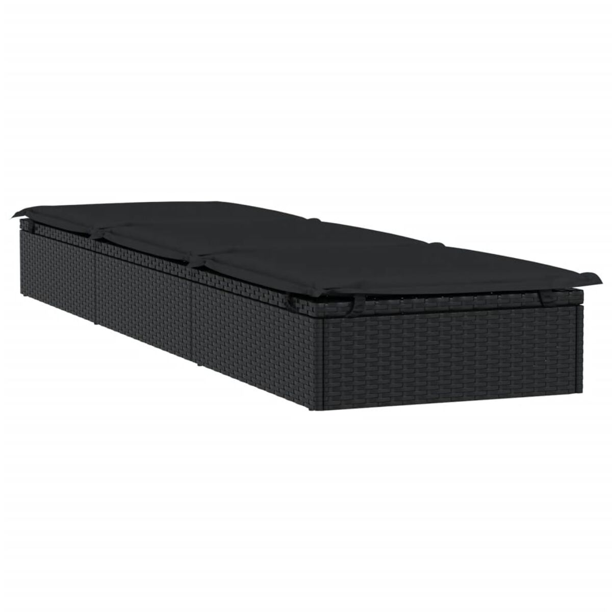 Schwarze Outdoor-Lounge. Sie hat eine gewebte Textur und schwarze Kissen.
