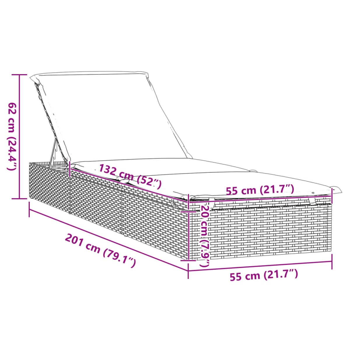 Sonnenliege aus Korbgeflecht mit Maßen in cm.