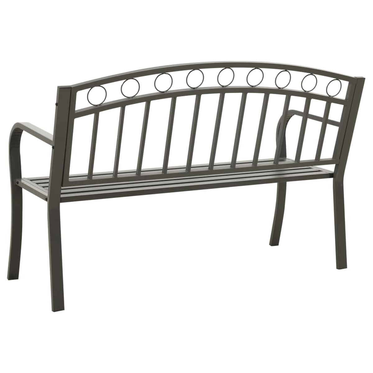 Eine dunkle Metallbank mit geschwungener Rückenlehne und Armlehnen. Die Bank ist leer und hat ein einfaches Design.