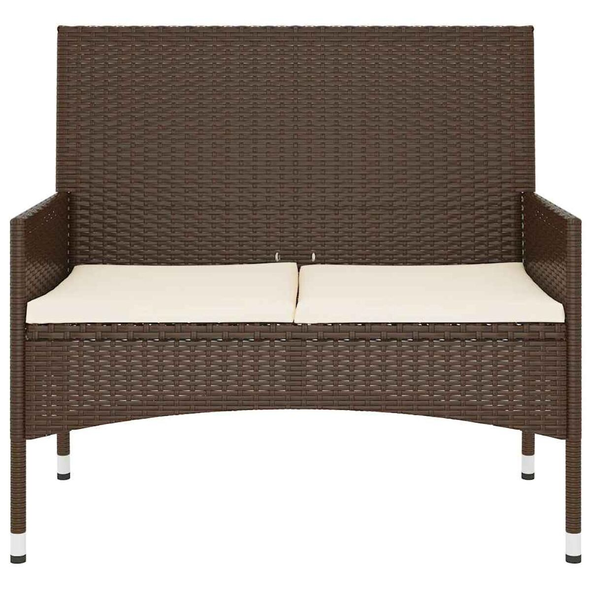 Ein braunes Korbsessel-Zweisitzer-Sofa mit weißen Kissen. Weiße Beine und eine hohe Rückenlehne.