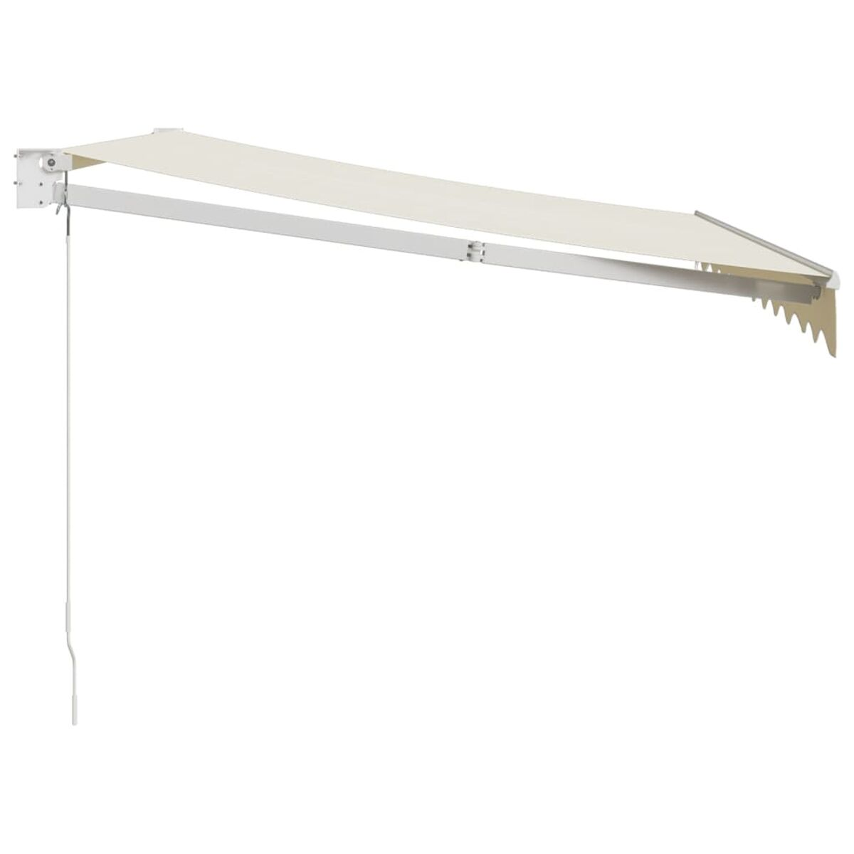 Ausfahrbare Markise in Off-White, an einer Wand montiert. Der Rahmen ist weiß und ausgefahren. Weißer Hintergrund.