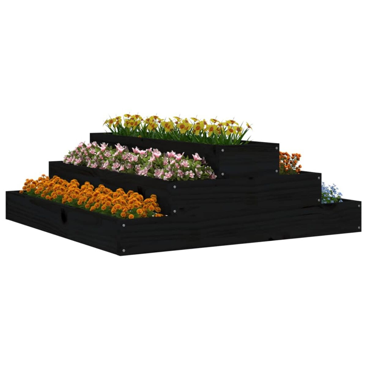 Schwarzer, mehrstufiger Pflanzkübel mit verschiedenen Blumen, vor weißem Hintergrund.