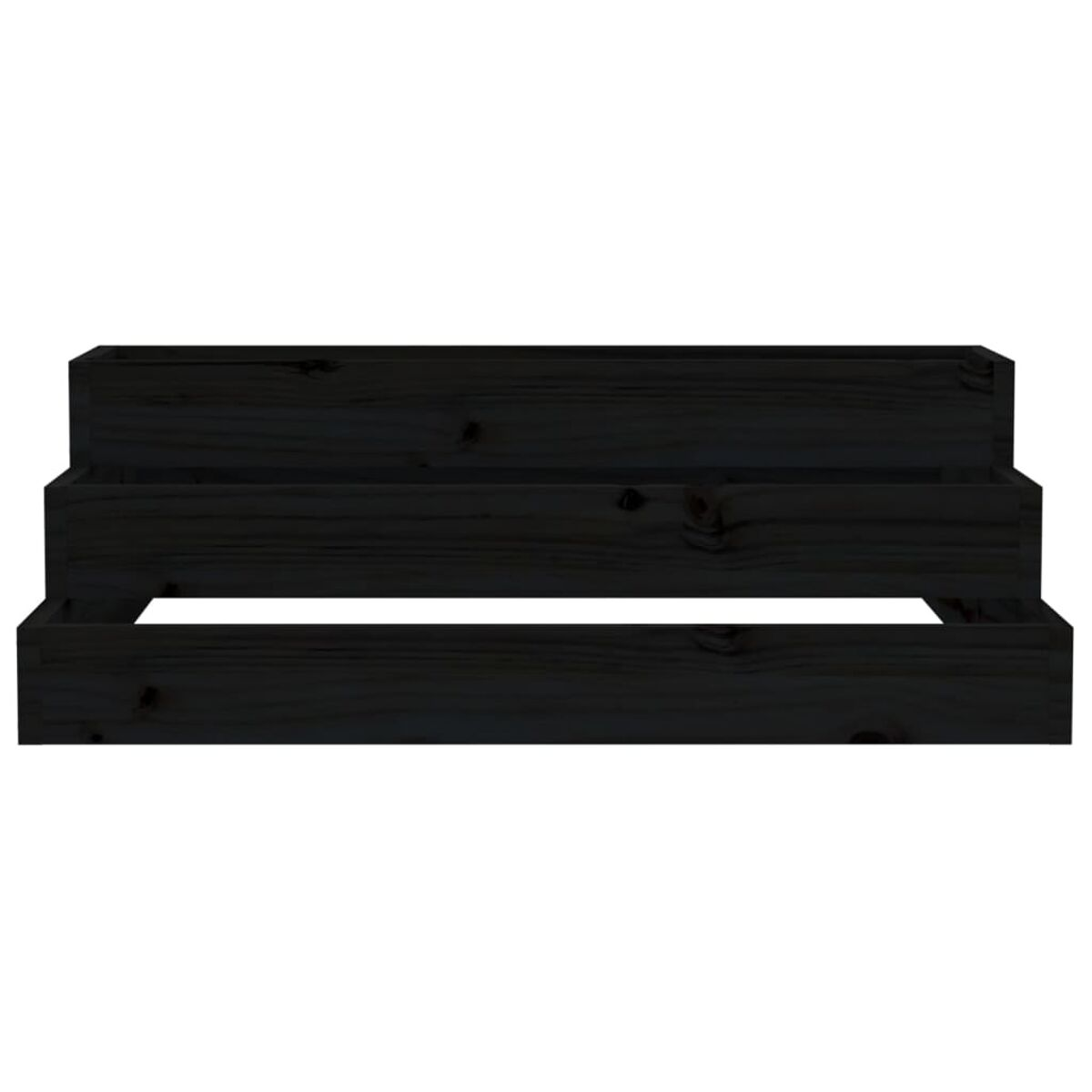 Ein schwarzes, gestuftes Holzregal mit drei Ebenen.