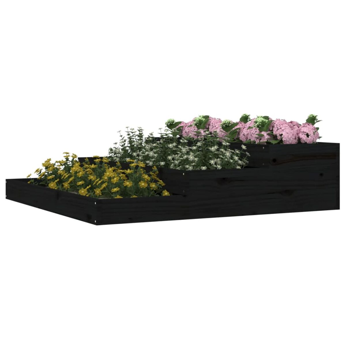 Ein gestufter Holzpflanzer gefüllt mit bunten Blumen, vor weißem Hintergrund.