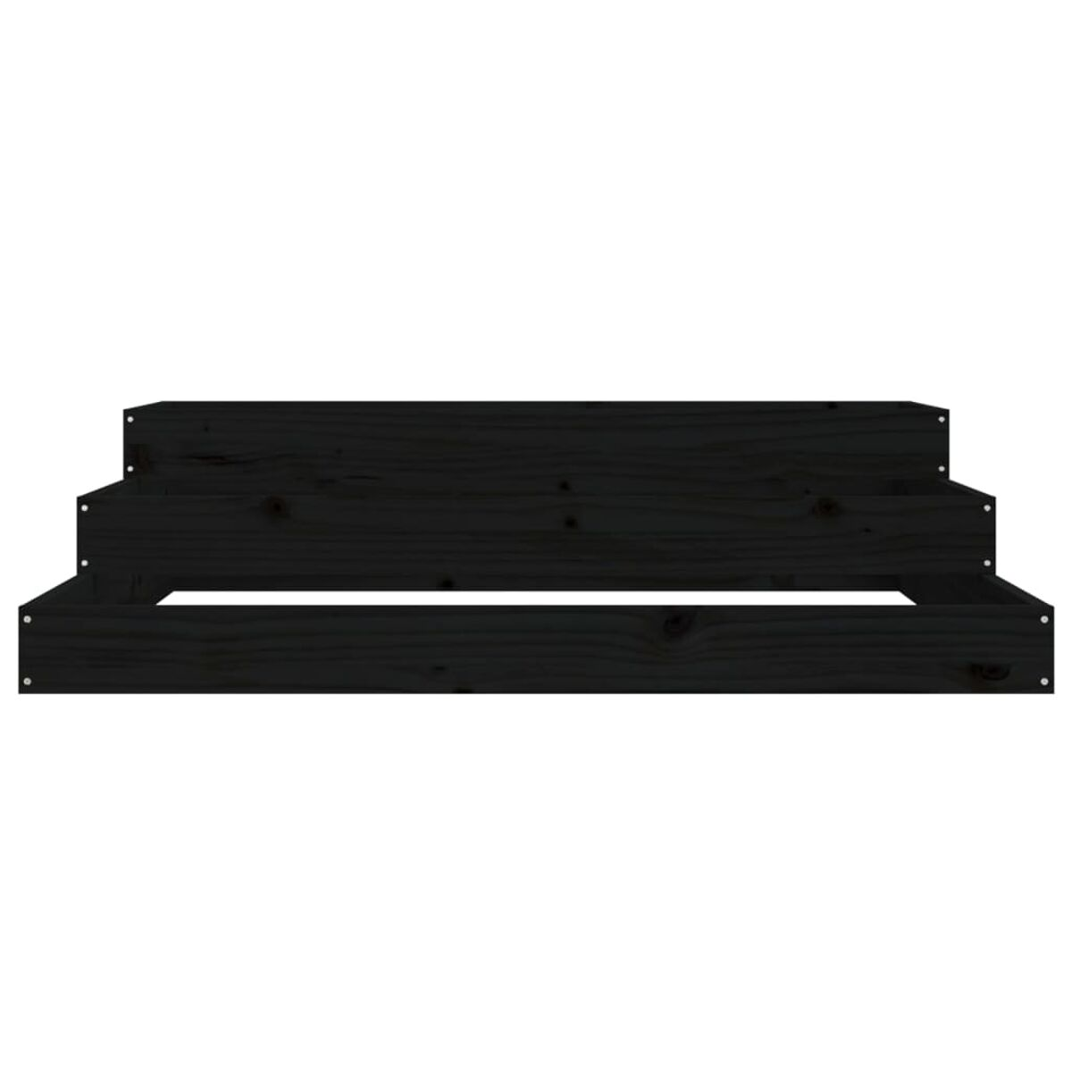 Schwarze Holzstufen, drei Ebenen, schlichtes Design.