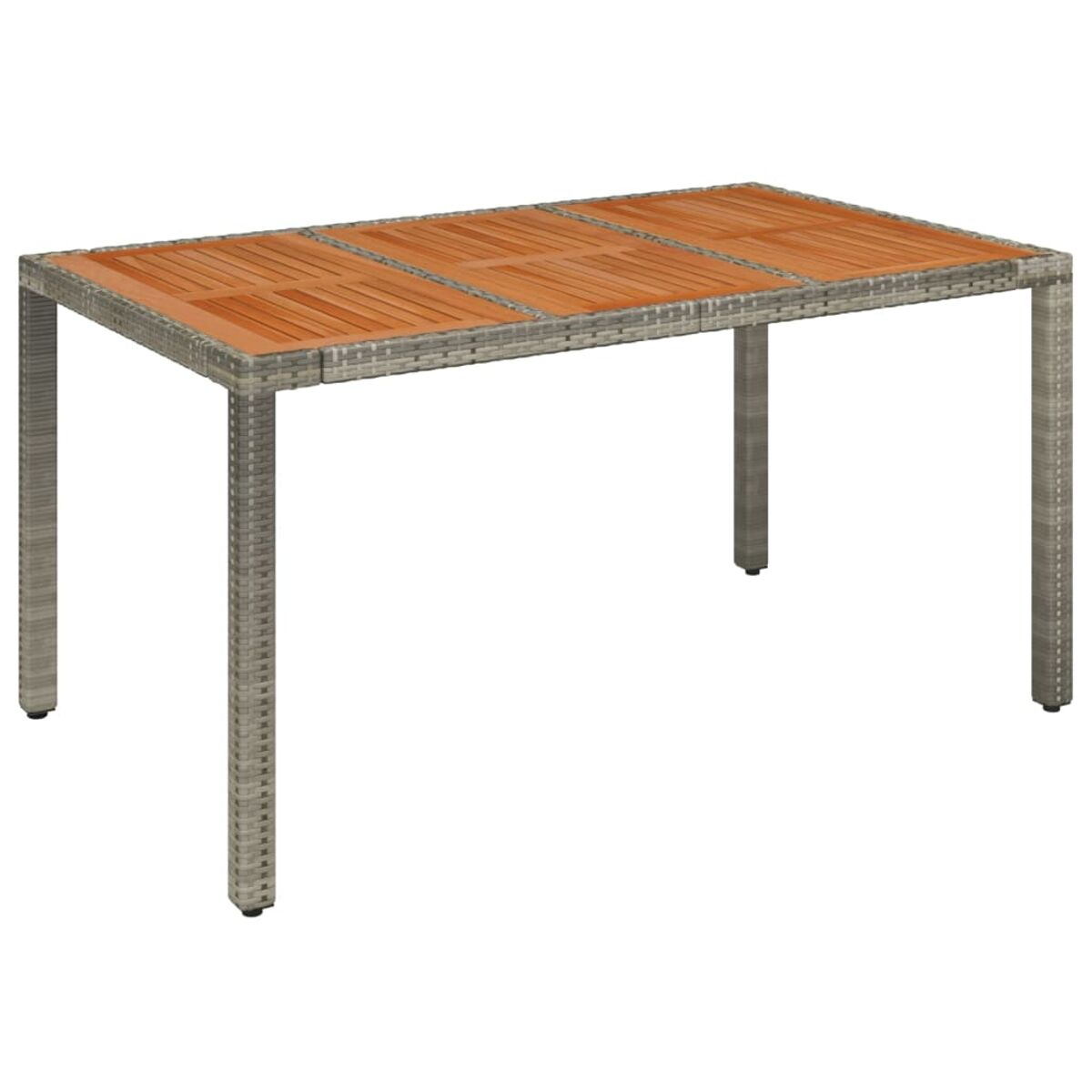 Ein rechteckiger Tisch mit Holzplatte und Korbflechtseiten.