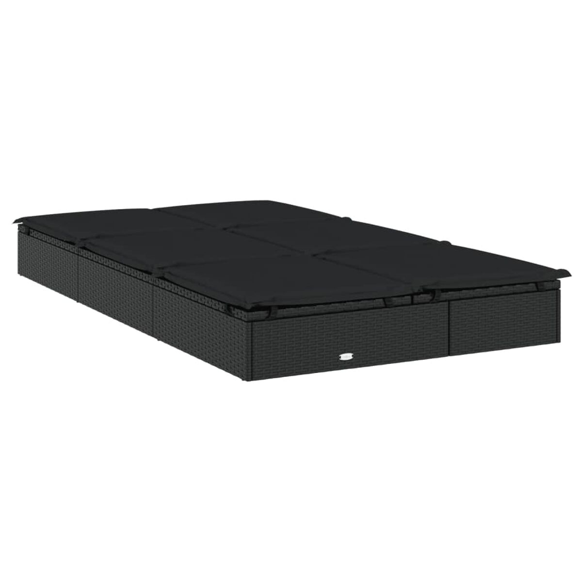 Ein großes, schwarzes, rechteckiges Outdoor-Sofa mit schwarzen Kissen. Das Sofa ist aus gewebtem Material.