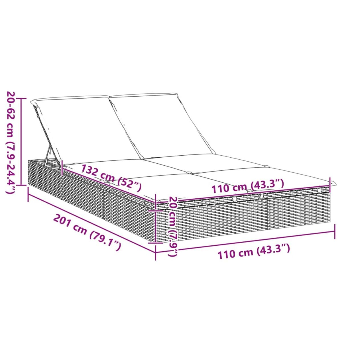 Abmessungen der Rattan-Sonnenliegen mit verstellbaren Rückenlehnen und Stauraum.