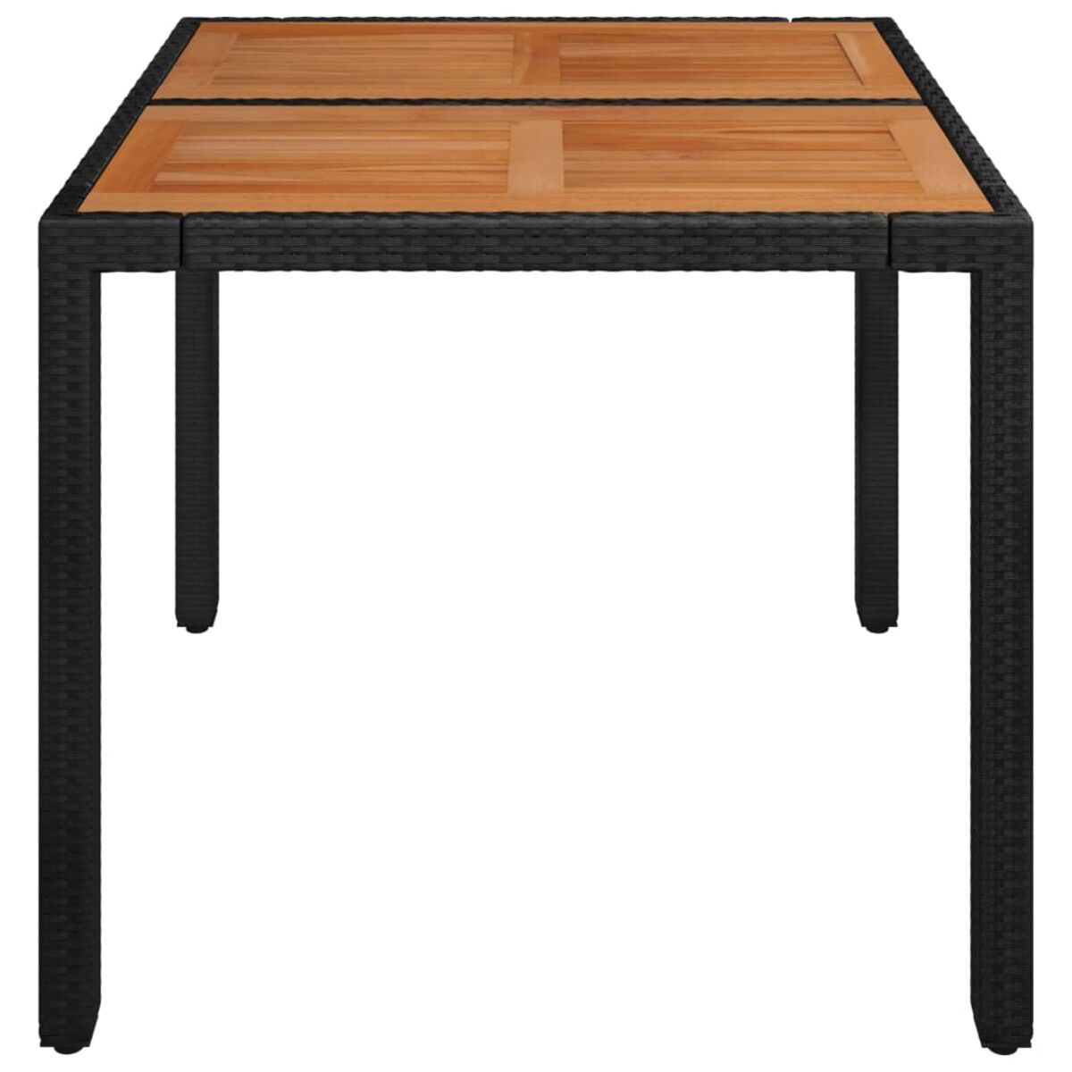 Ein quadratischer, dunkler Tisch mit Holzplatte. Die Beine sind schwarz und der Tisch ist leer.