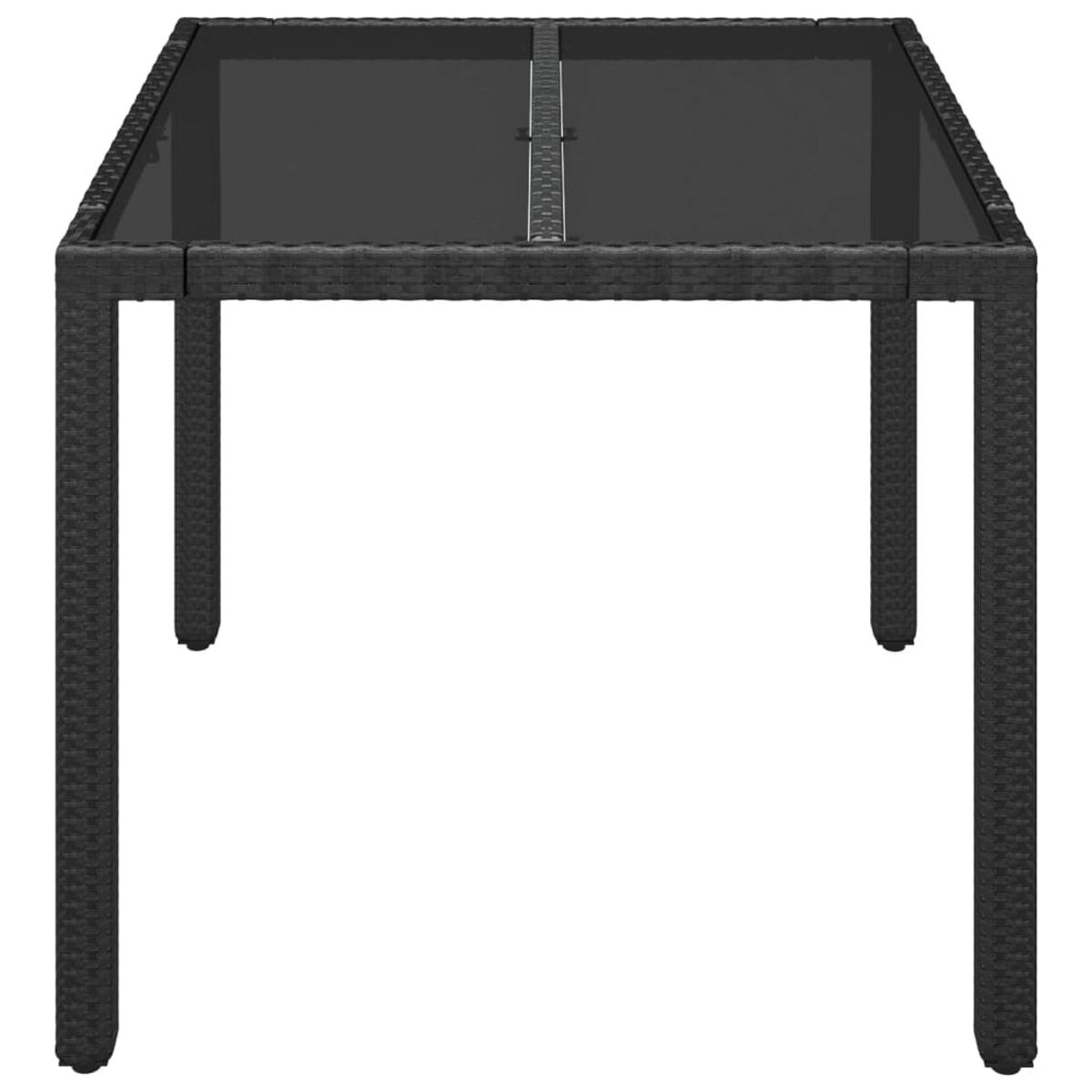Schwarzer quadratischer Tisch mit Glasplatte und gewebten Seiten.
