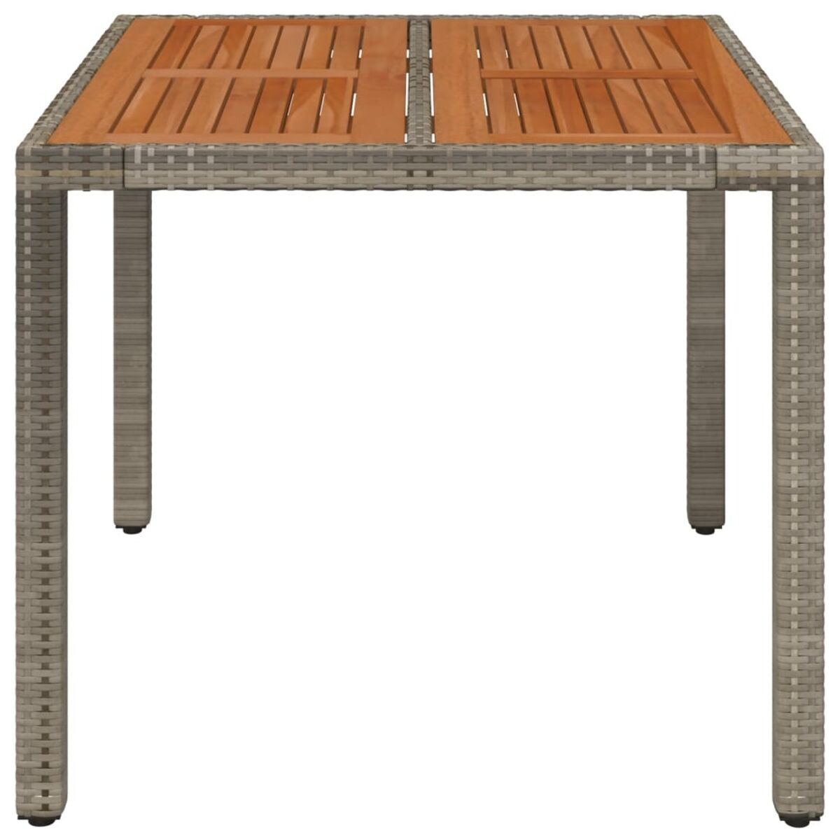 Quadratischer Gartentisch mit Korbgeweberahmen und Holzplatte. Braun und Grau.