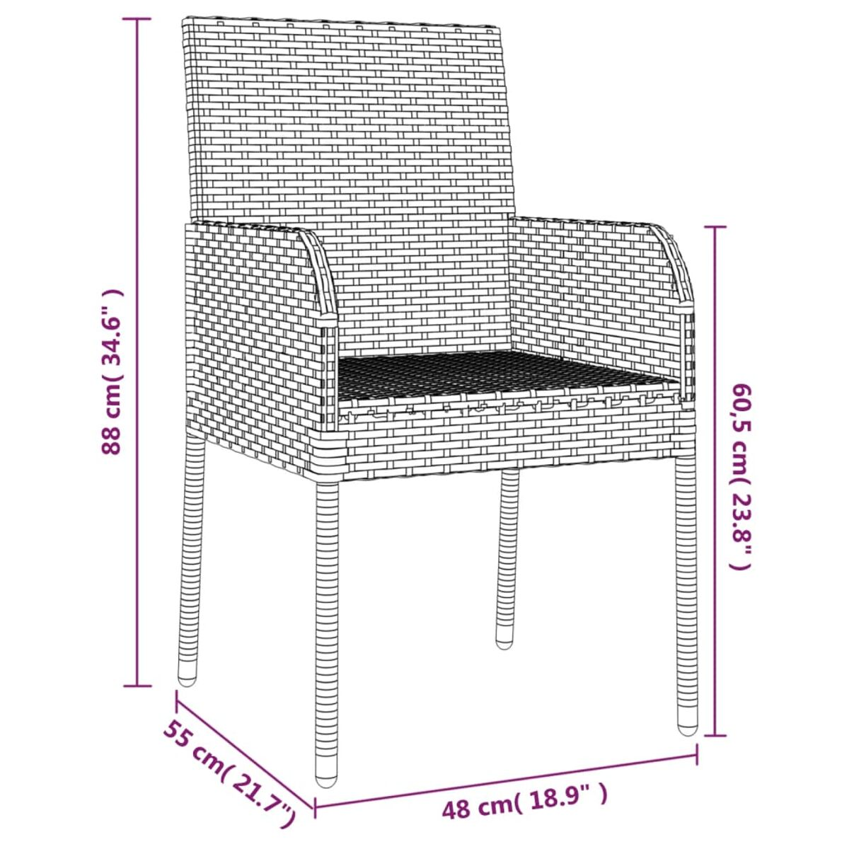 Gewebter Outdoor-Stuhl mit den Maßen: 88 cm hoch, 55 cm breit und 48 cm tief.