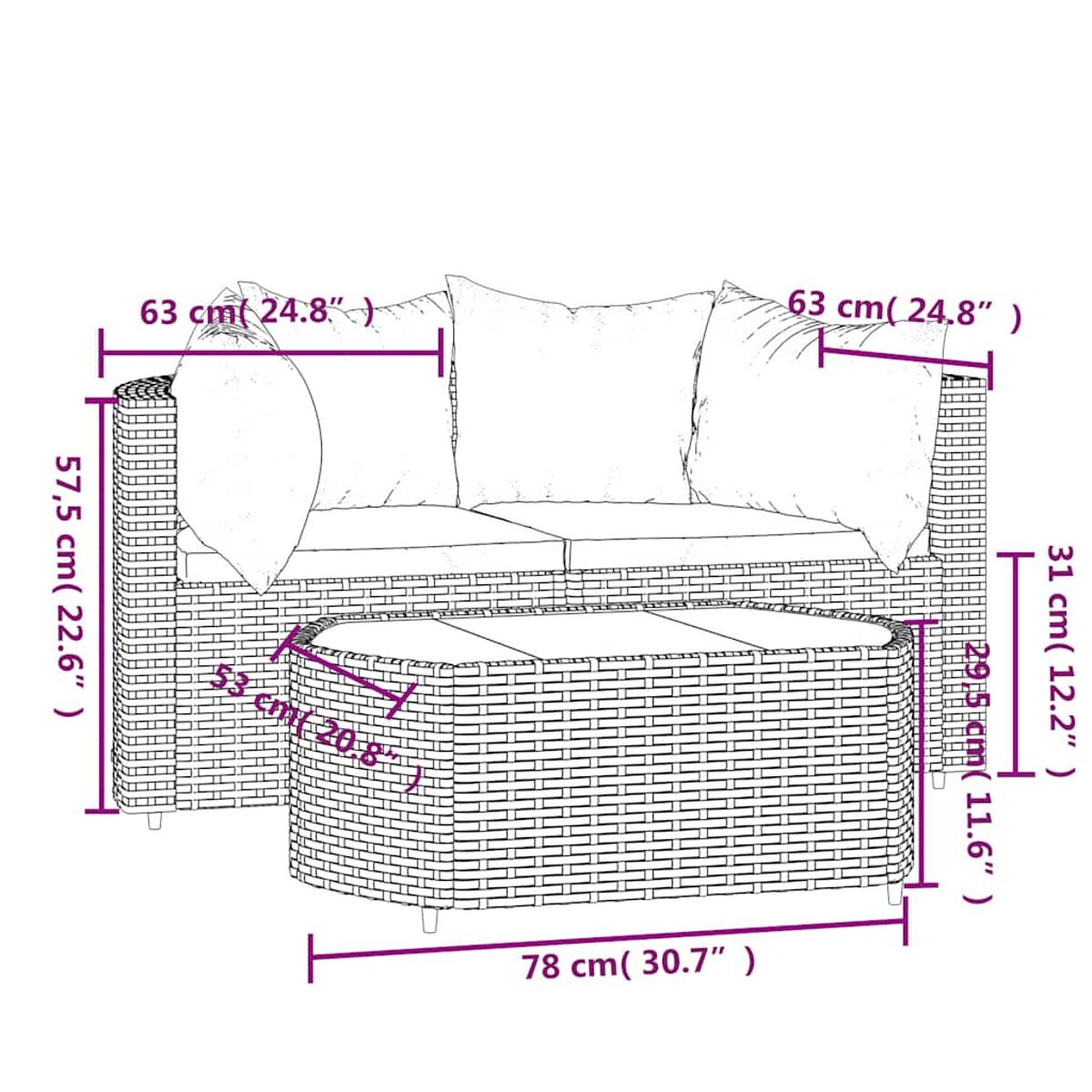 Korbsofa und Ottomanen-Set mit grauen Kissen, Maße angegeben.