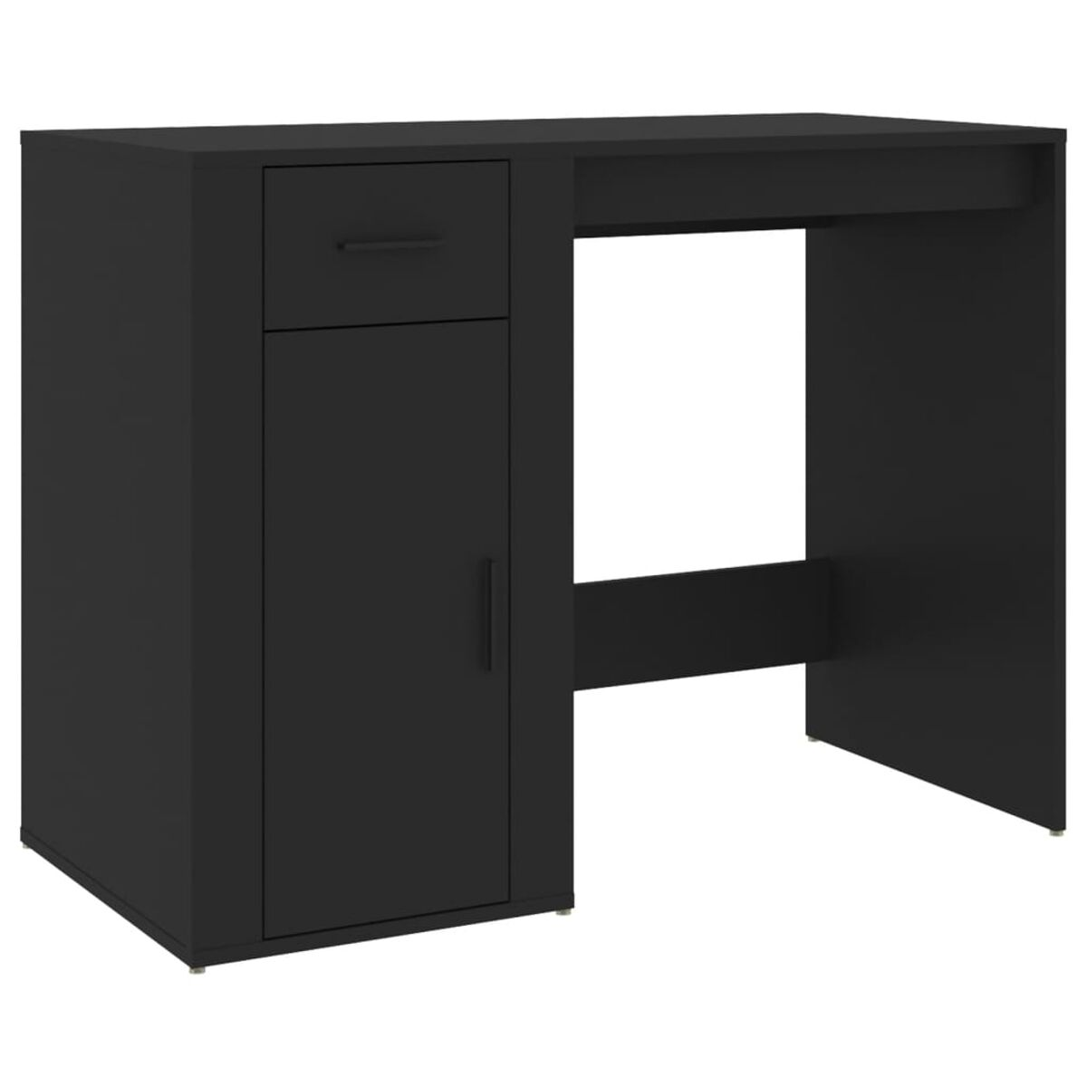 Schwarzer Schreibtisch mit Schublade, Schrank und Beinfreiheit.