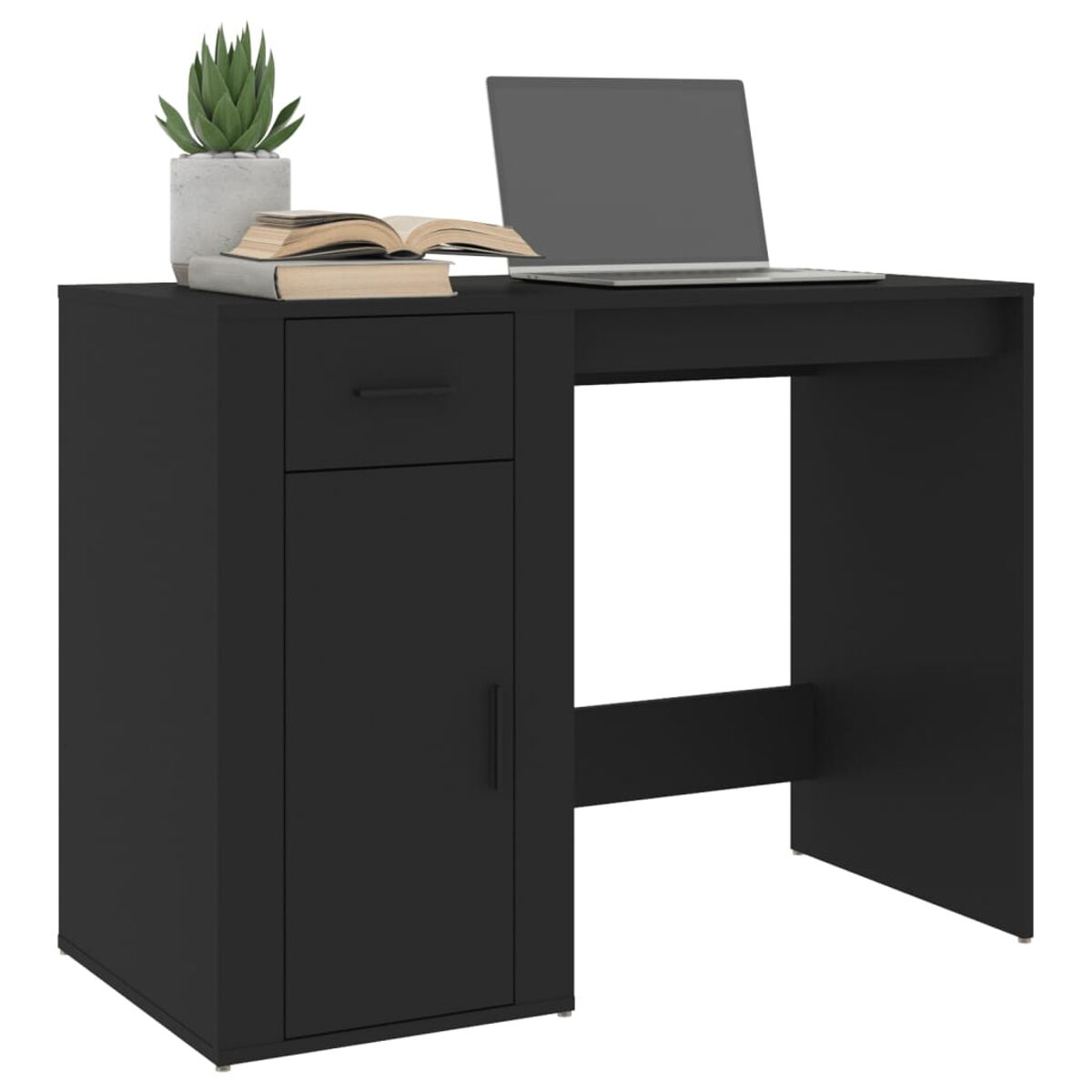 Schwarzer Schreibtisch mit Schublade, Schrank und Laptop. Eine Pflanze und Bücher oben drauf.