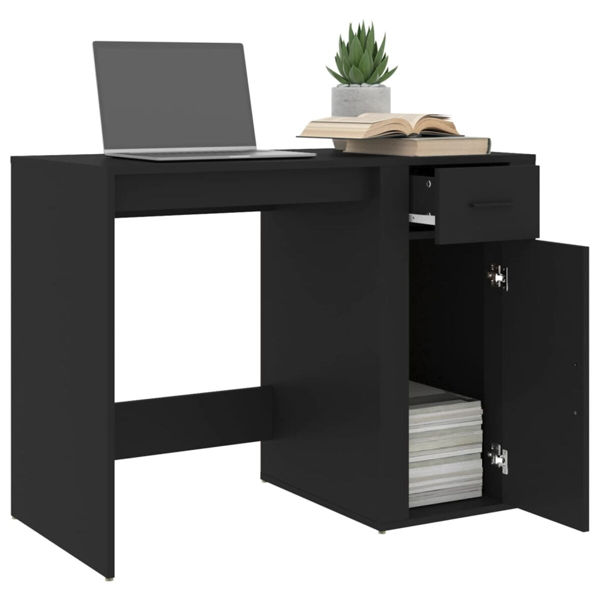 Schwarzer Schreibtisch mit offenem Schrank, Schublade und Laptop.