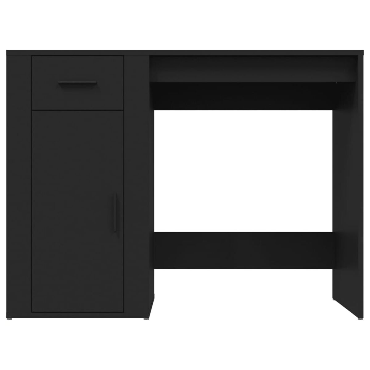 Schwarzer Schreibtisch mit Schublade und Schrank. Weißer Hintergrund.