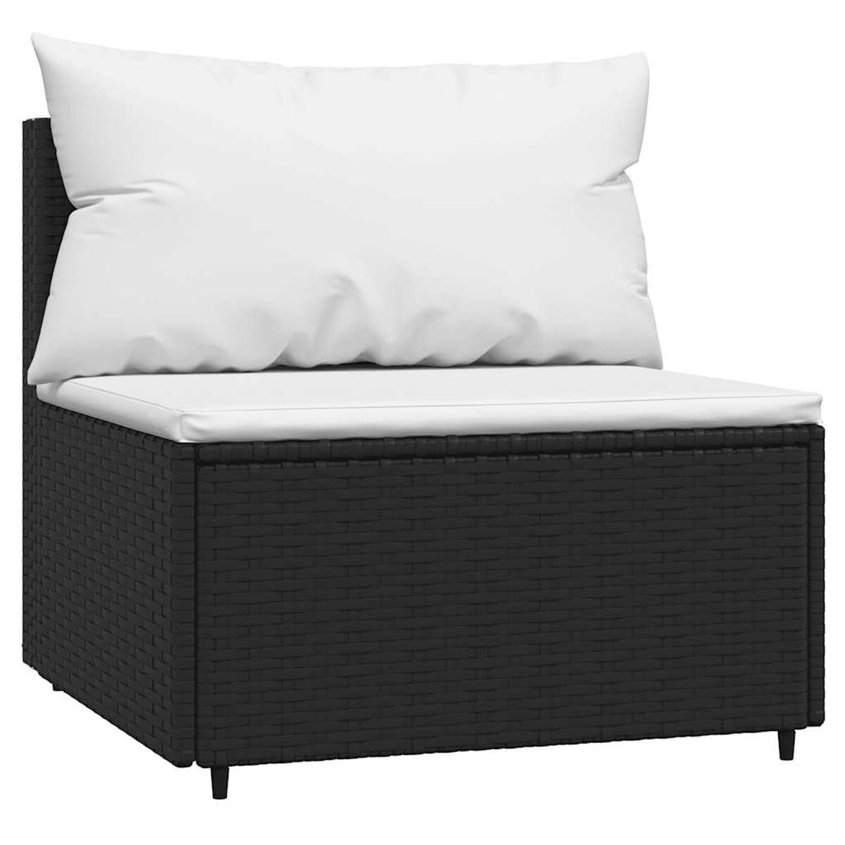 Ein schwarzer Outdoor-Einzelsitz mit weißem Kissen und Rückenlehne. Gewebtes Design.