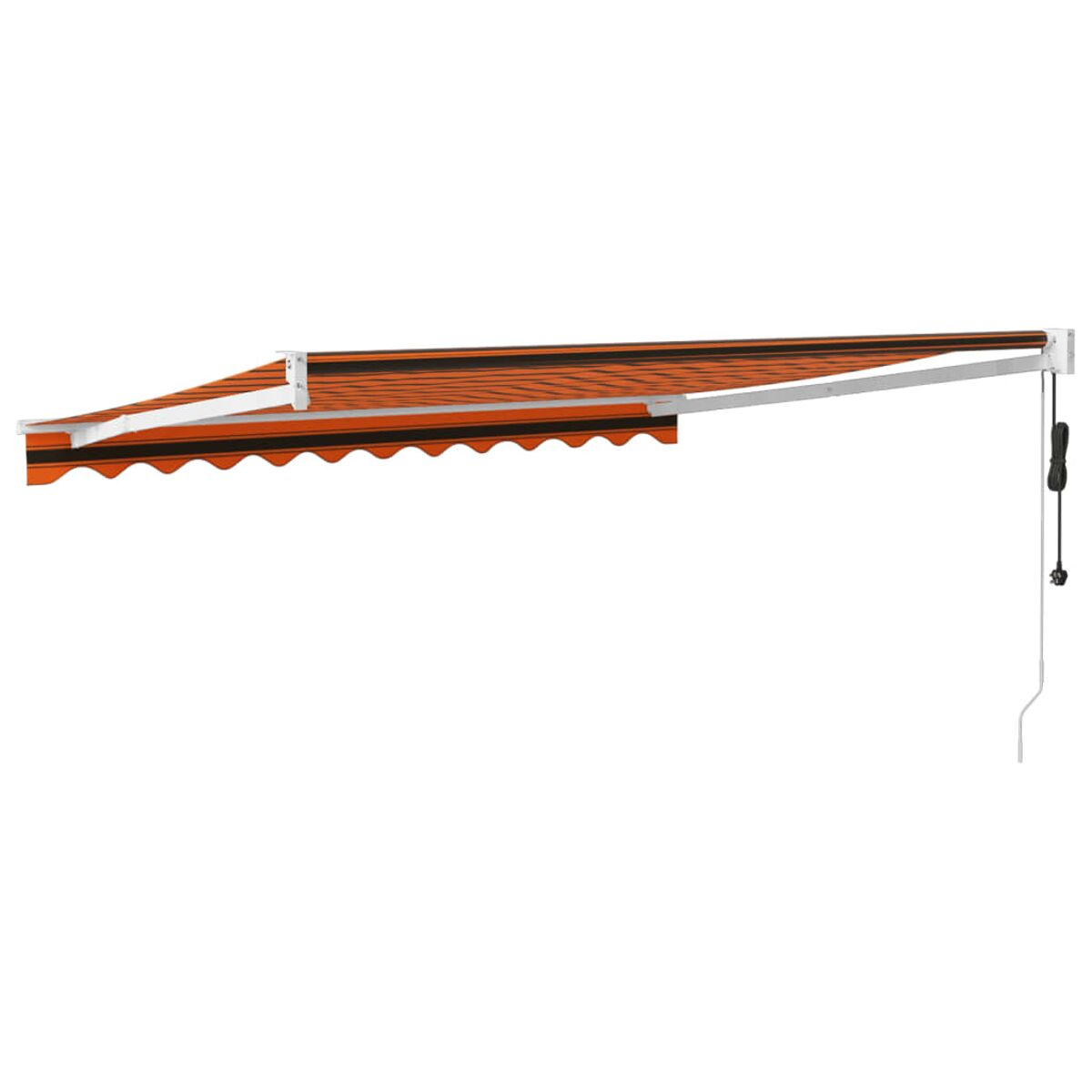 Eine orangefarbene und schwarz gestreifte ausziehbare Markise, an einer weißen Wand montiert.