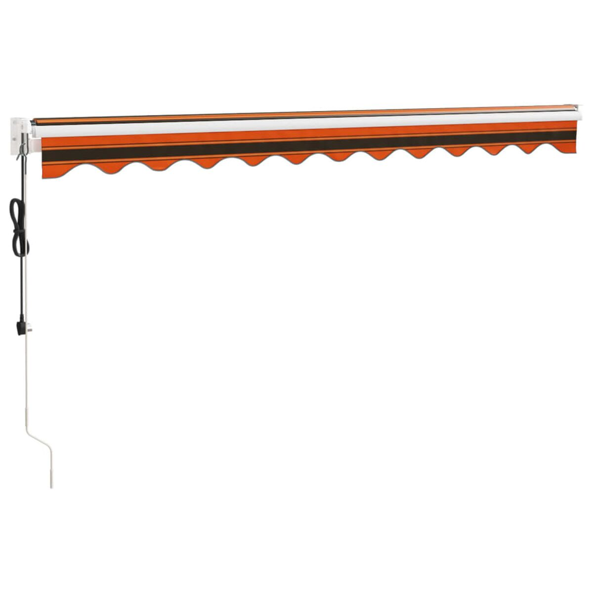 Markise für den Außenbereich, gestreift orange, schwarz und weiß, an einer weißen Wand montiert.