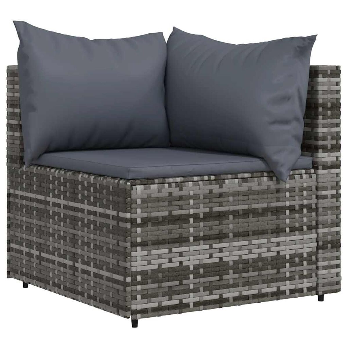 Ecksofa mit grauer Flechtstruktur, zwei grauen Kissen. Flechtstil mit Webmuster.